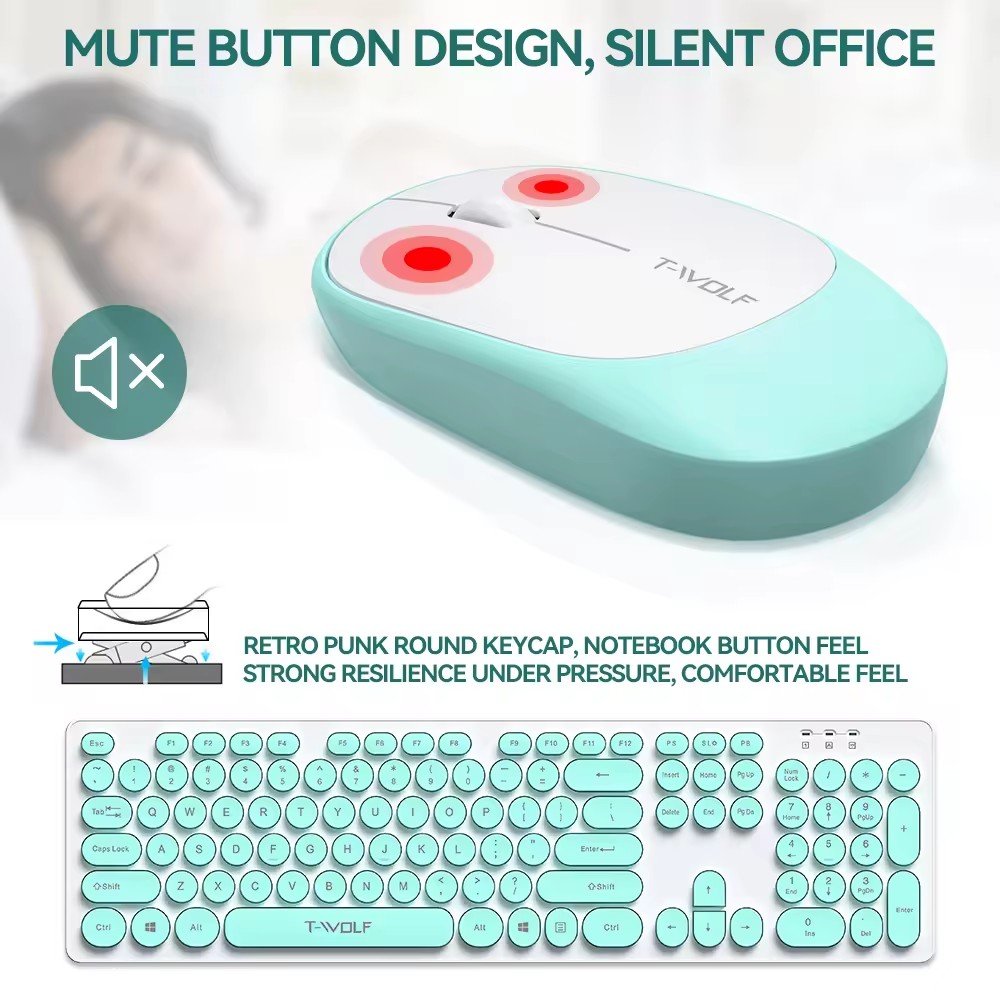 T-WOLF TF770 2.4GH wireless keyboard mouse combo,colorful ultra-thin USB 104keys keyboard mouse for computer laptop and