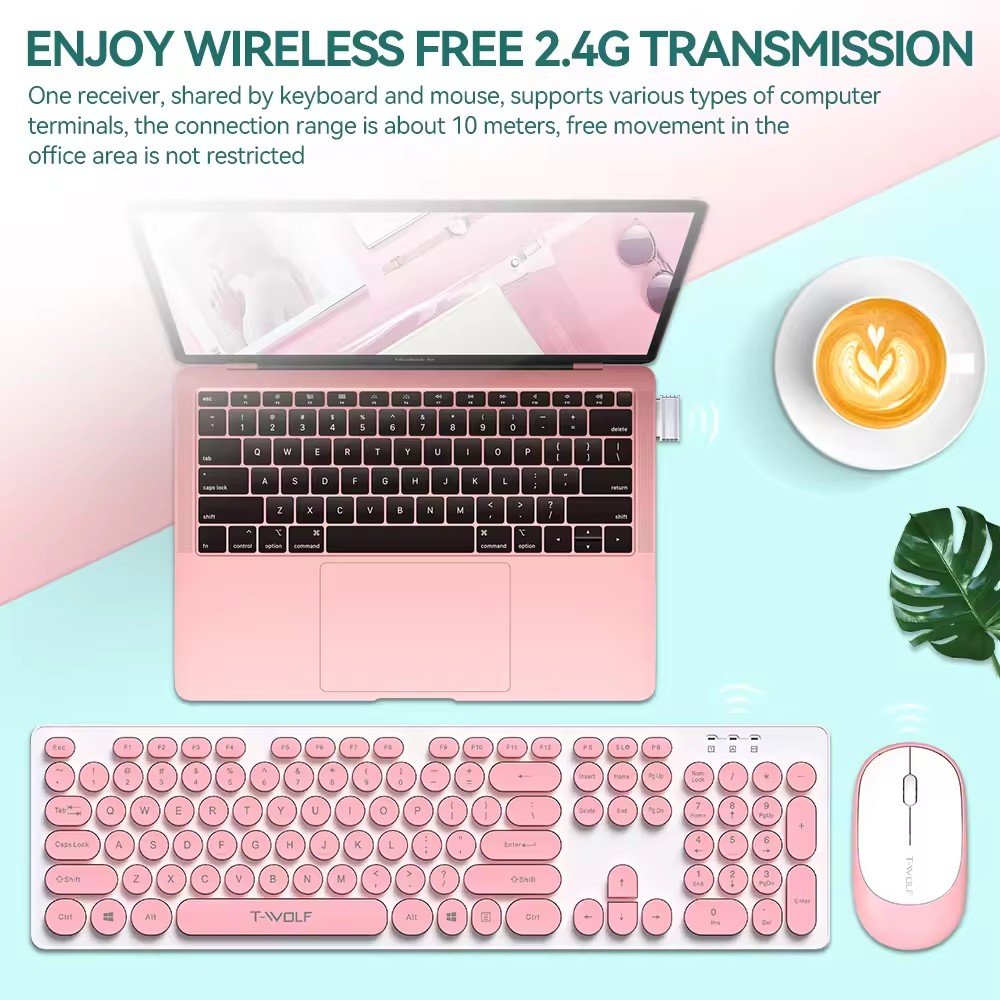 T-WOLF TF770 2.4GH wireless keyboard mouse combo,colorful ultra-thin USB 104keys keyboard mouse for computer laptop and