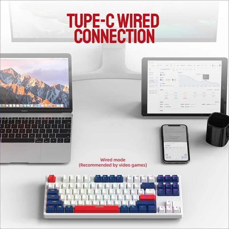 K87 Wired Mechanical Keyboard 87 Key Hot Swappable Switch RGB/White Backlight Gamer keyboard Keycaps Russian/English Layout
