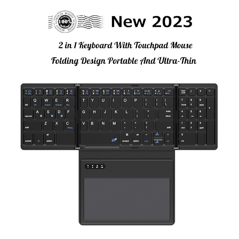 B055 NEW Black Layout digital keys foldable bt leather cover Folding keyboard qwerty with big touch pad wireless keyboard