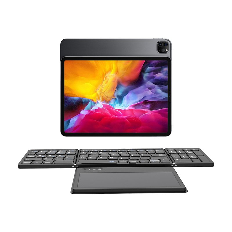 B055 NEW Black Layout digital keys foldable bt leather cover Folding keyboard qwerty with big touch pad wireless keyboard