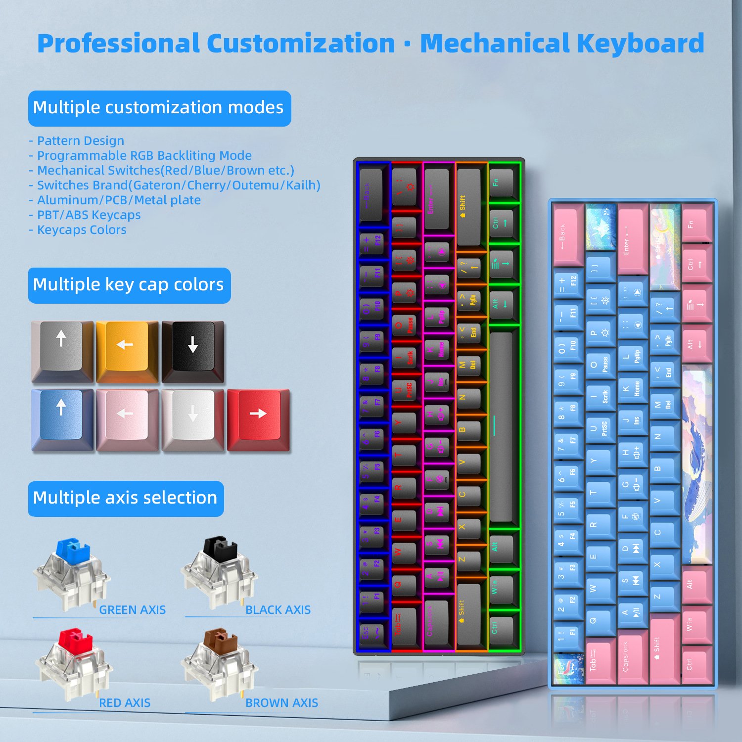 Custom RGB Backlit Mechanical Keyboard Wireless 61 Keys Teclado Gamer Wired 60 percent Gaming Keyboard Blue Switch