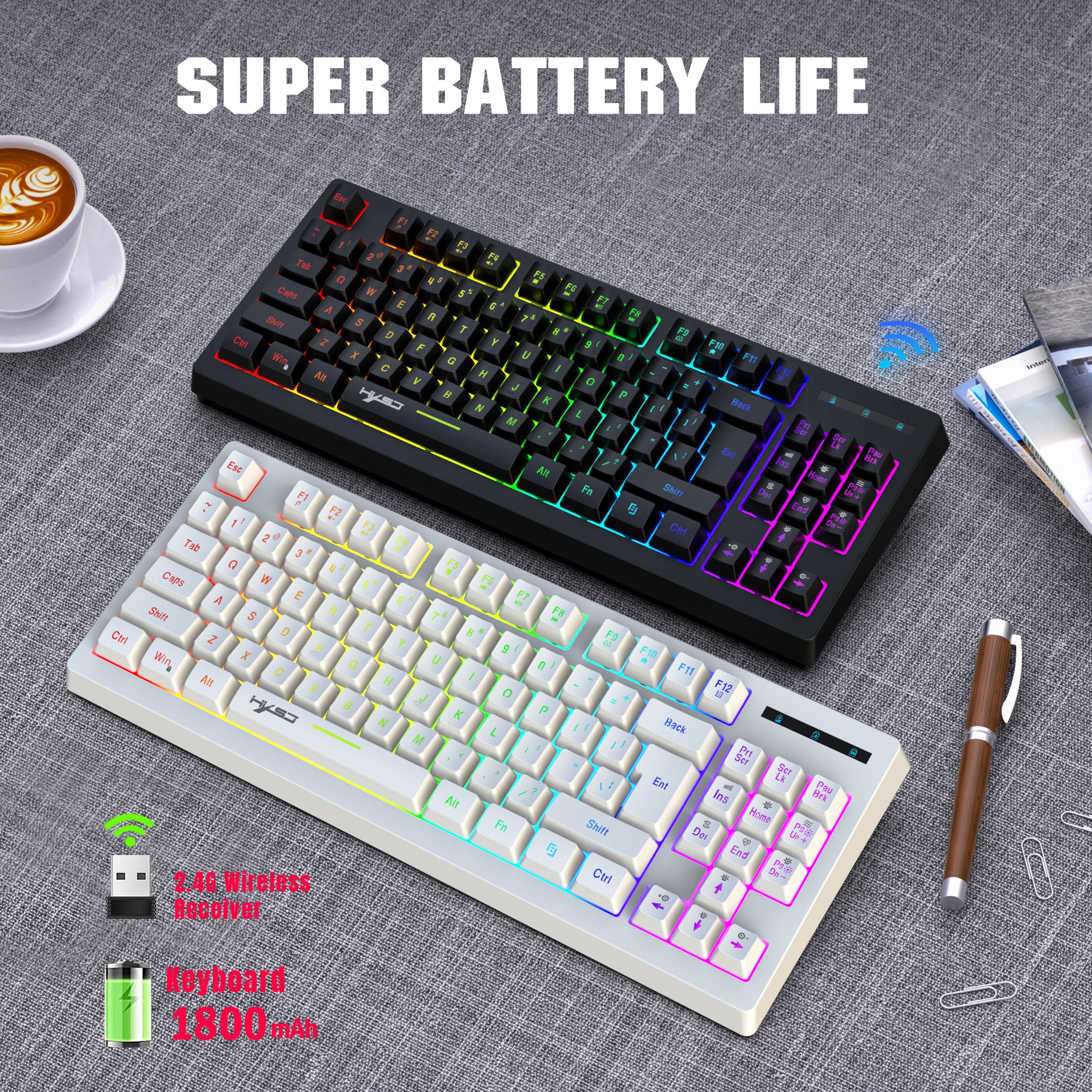 Popular choice HXSJ L100 87 key stylish office 2.4G wireless game RGB 1800mA rechargeable mechanical feel keyboard for laptop
