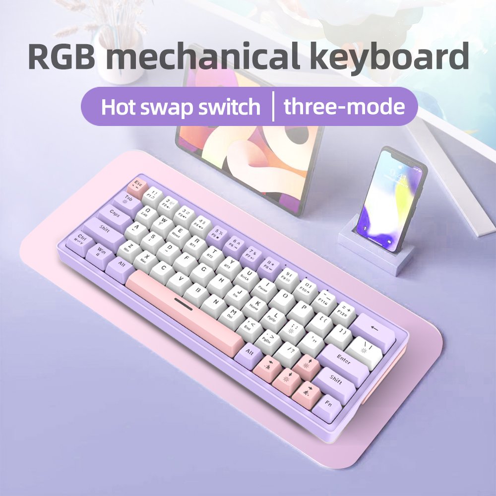 Keywin Customized 63-key Tri-modes RGB Mechanical Keyboard 2.4g+BT+Typc-C Anti-Ghosting Hot Swap Switches Mechanical Keyboard