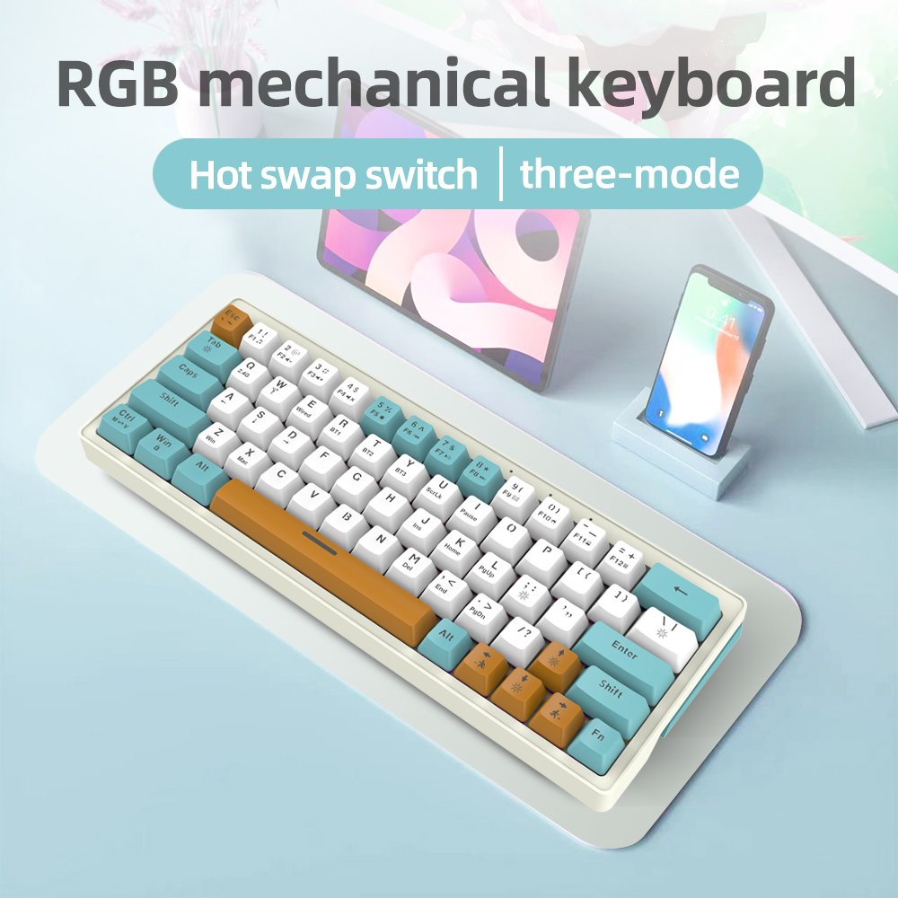 Keywin Customized 63-key Tri-modes RGB Mechanical Keyboard 2.4g+BT+Typc-C Anti-Ghosting Hot Swap Switches Mechanical Keyboard