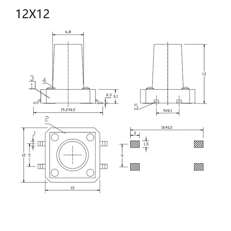 12mm*12mm Smt Tact Switches 4pin 12*12*4.3mm Push Button Smd Tact switch