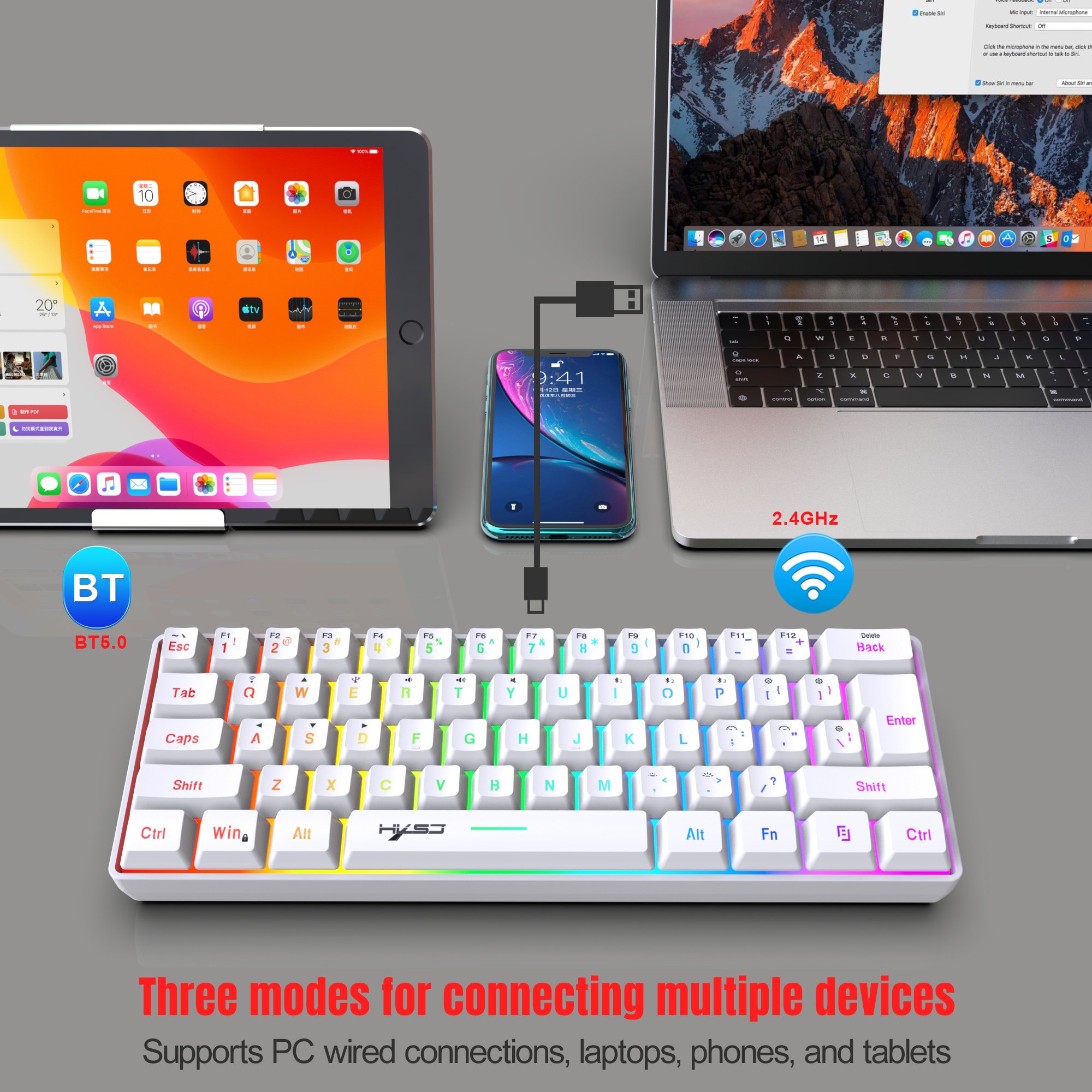 Hot sale HXSJ L500 61-key Compact membrane keyboard 60% 3-mode RGB ABS rechargeable 2000mA Type-c gaming keyboard for desktop