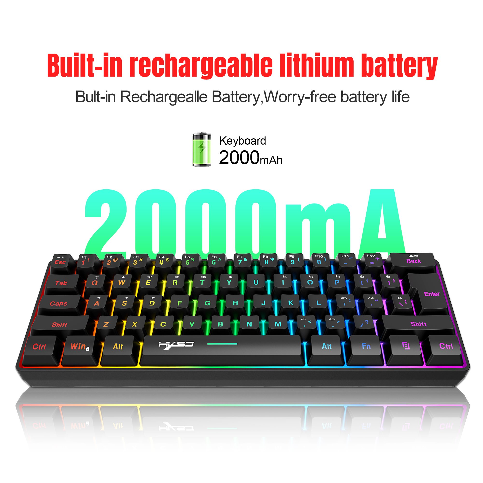 Hot sale HXSJ L500 61-key Compact membrane keyboard 60% 3-mode RGB ABS rechargeable 2000mA Type-c gaming keyboard for desktop