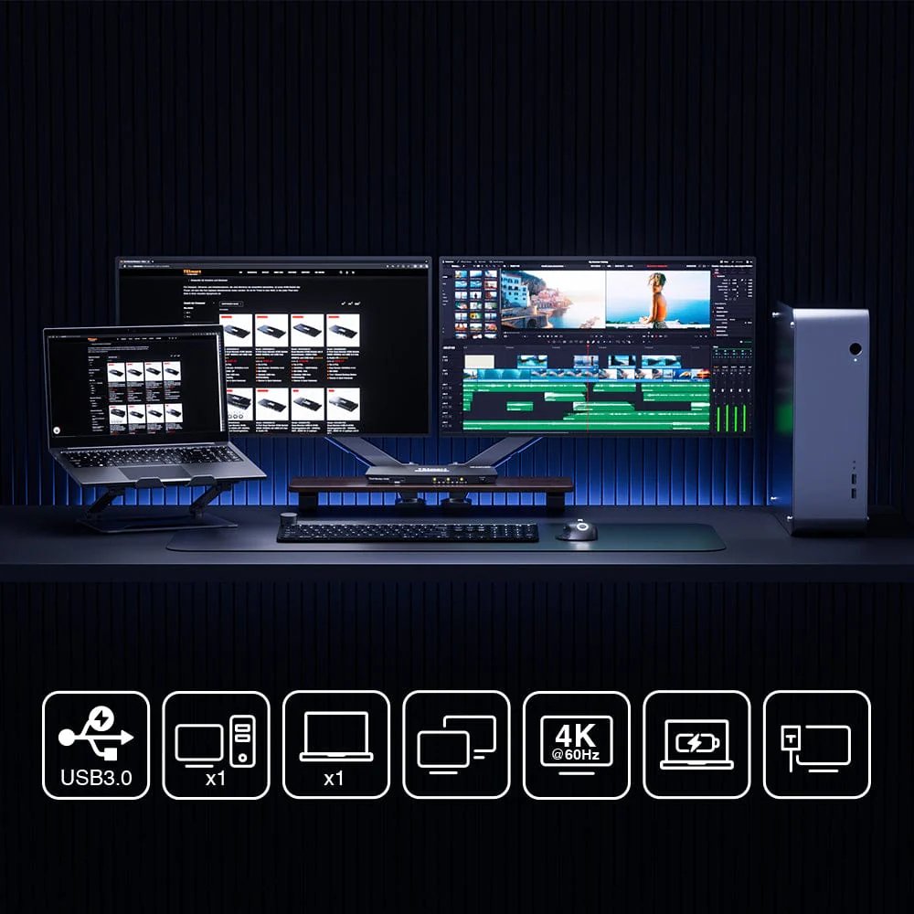TESmart Dual 4K60Hz Hybrid KVM Docking Station Kit - USB-C with MST & EDID for 1 Laptop & 1 Desktop KVM Switch