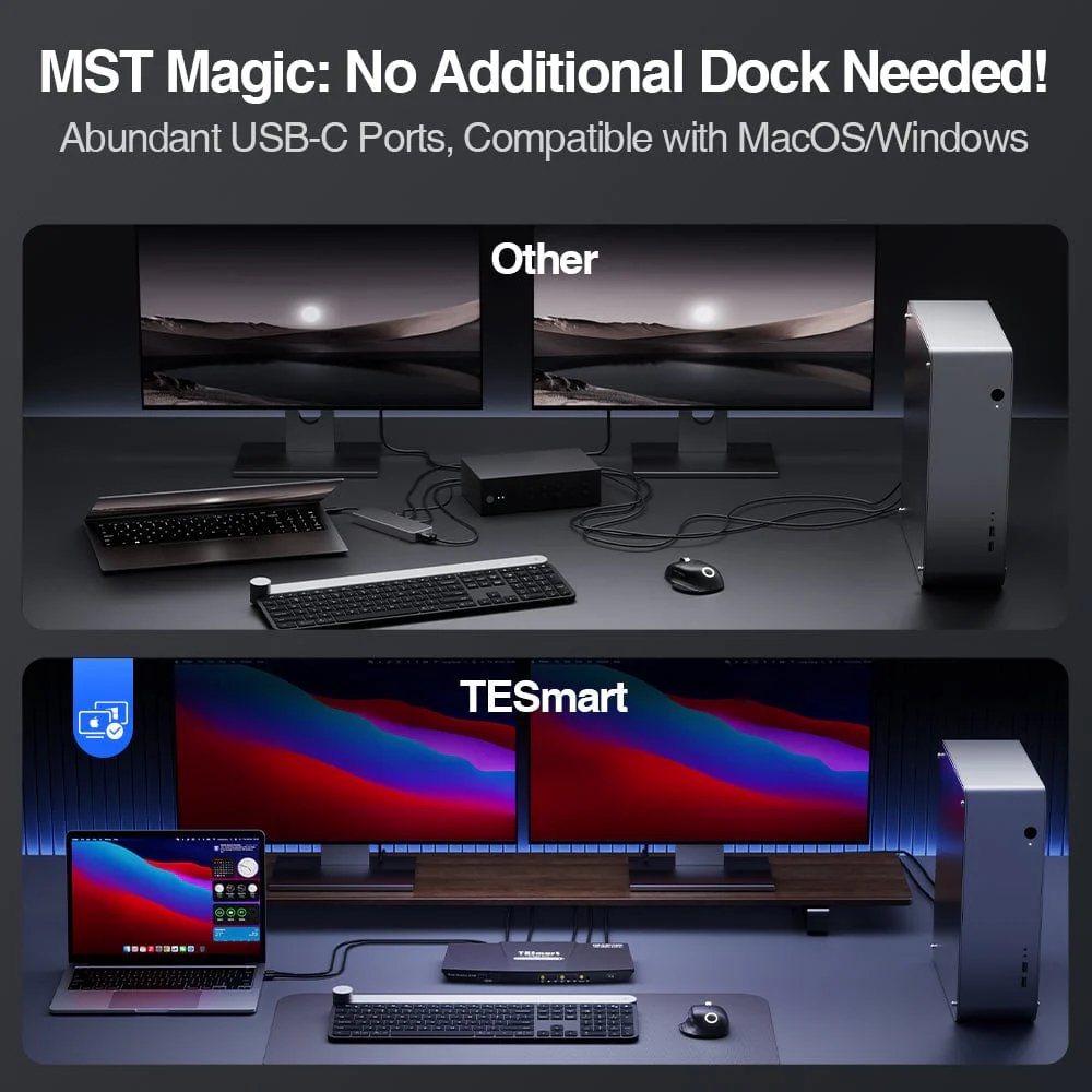 TESmart Dual 4K60Hz Hybrid KVM Docking Station Kit - USB-C with MST & EDID for 1 Laptop & 1 Desktop KVM Switch