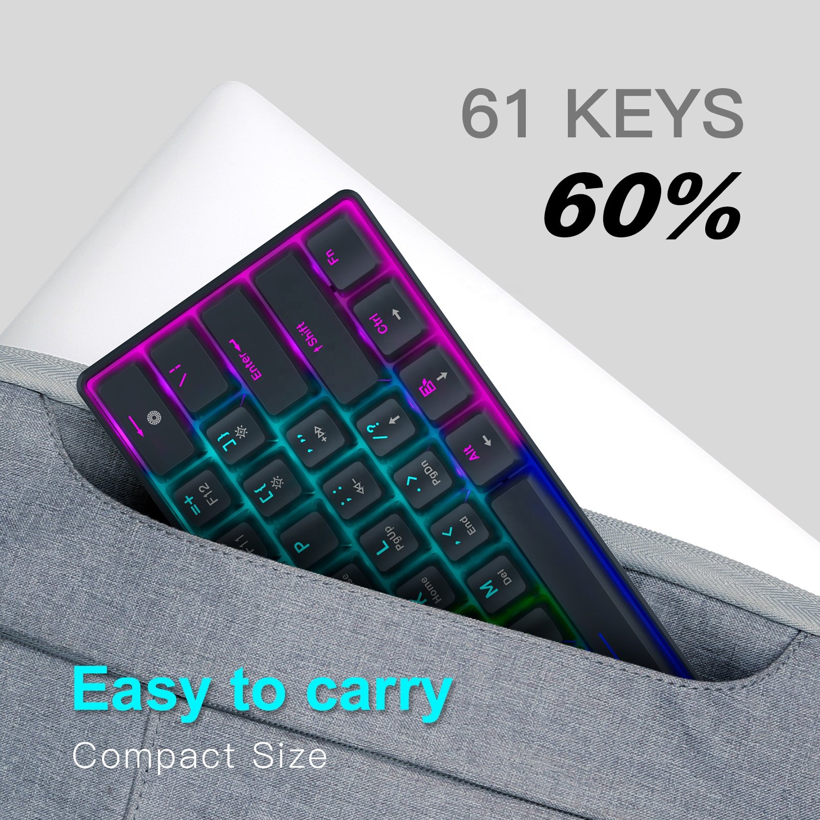 Razeak Compact 61 Keys Design RGB Backlight Gaming Keyboard Portable NKRO Blue Switch Type-C Wired Mechanical Keyboard for Gamer