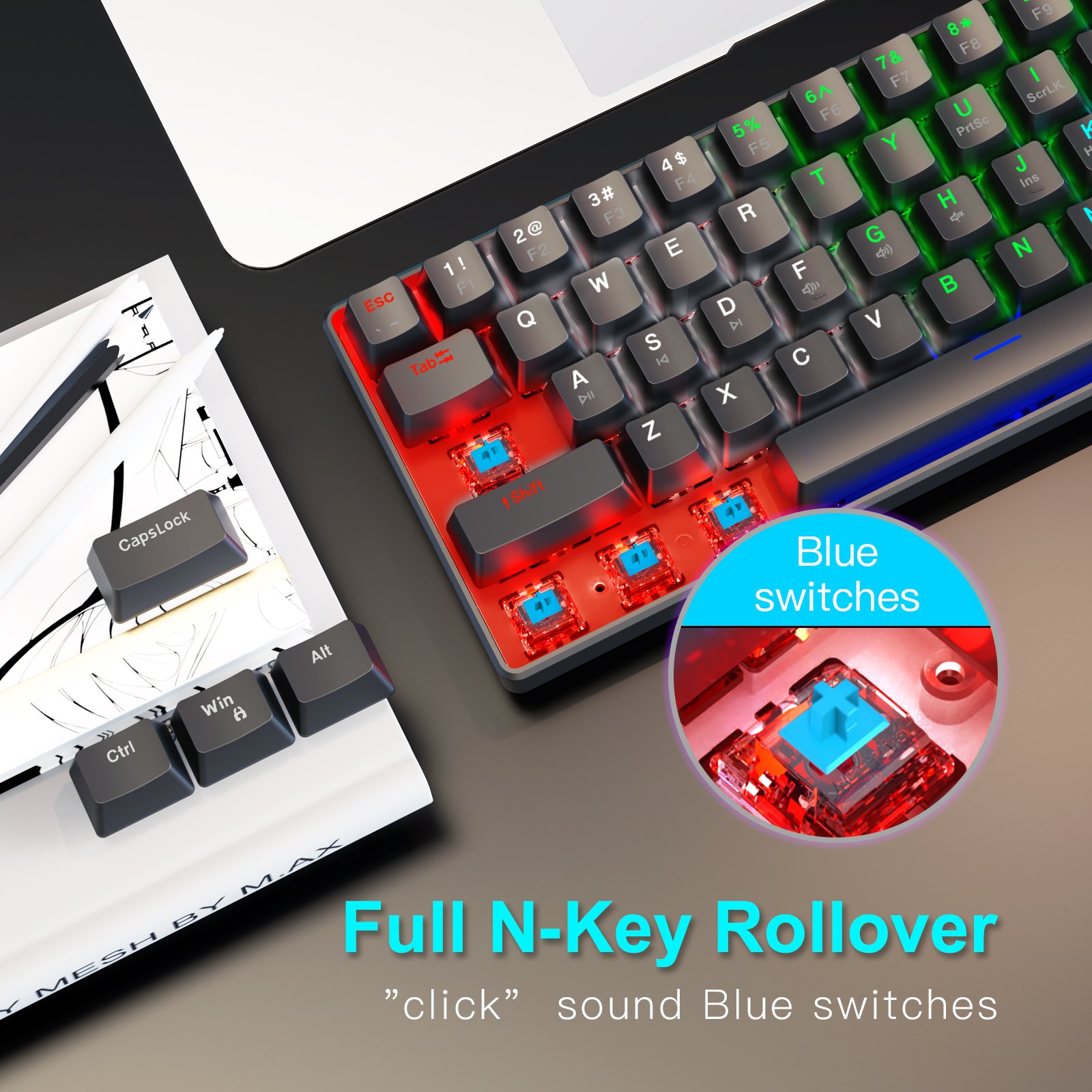 Razeak Compact 61 Keys Design RGB Backlight Gaming Keyboard Portable NKRO Blue Switch Type-C Wired Mechanical Keyboard for Gamer