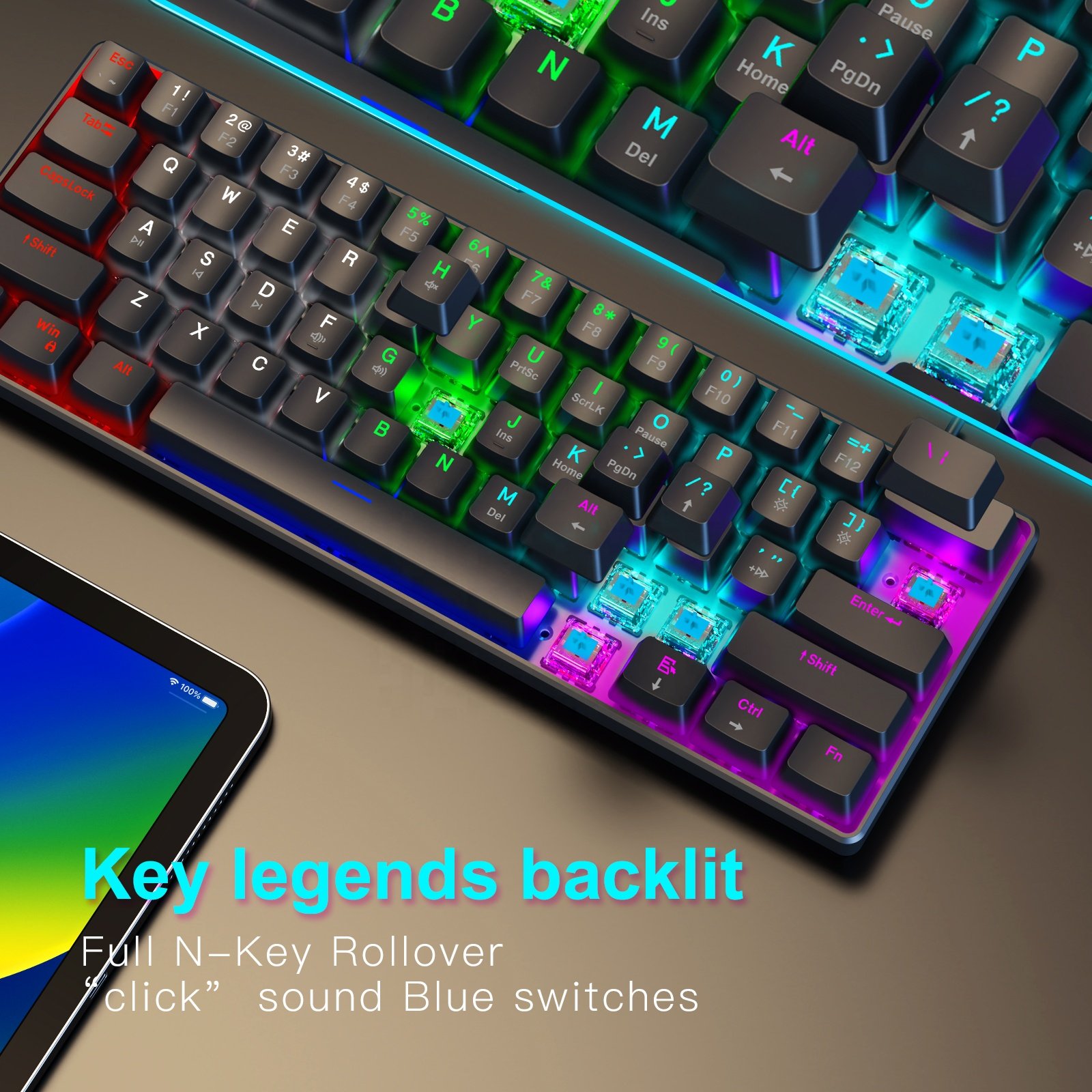 Razeak Compact 61 Keys Design RGB Backlight Gaming Keyboard Portable NKRO Blue Switch Type-C Wired Mechanical Keyboard for Gamer