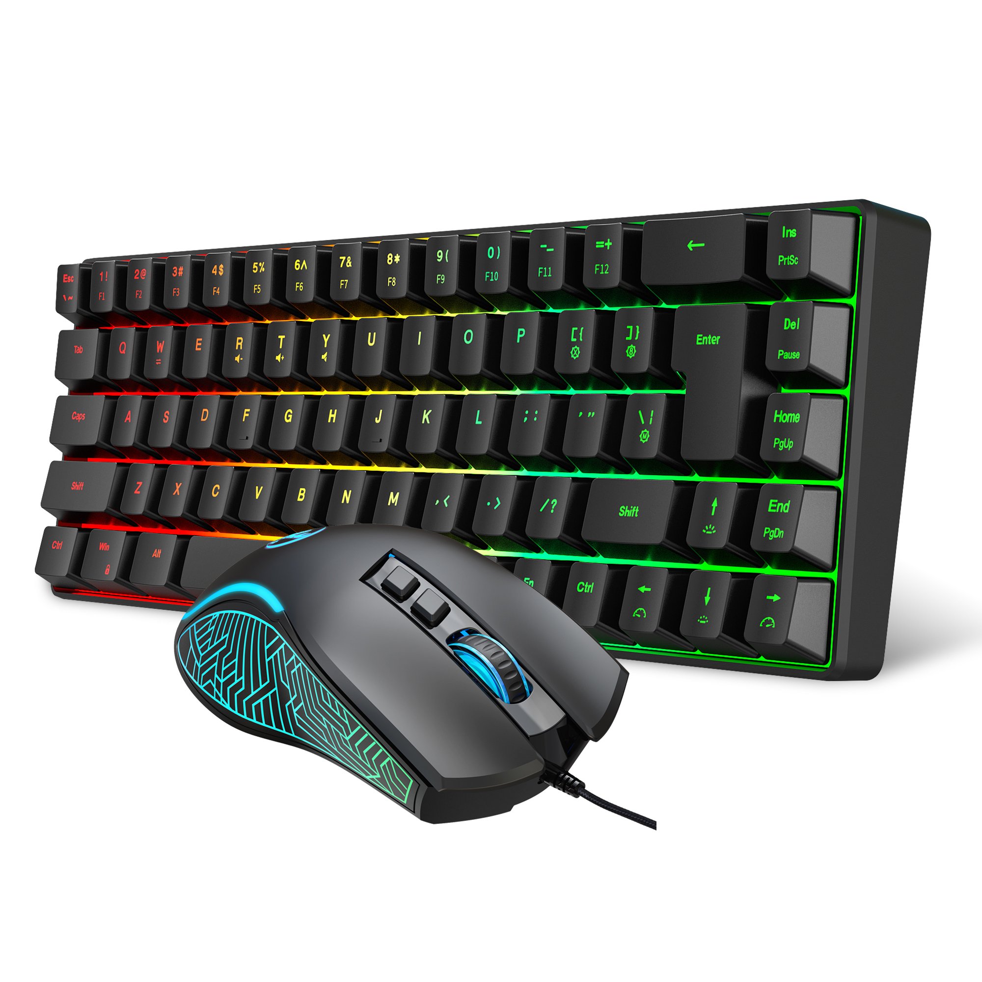 Best sale HXSJ mini V200 68 keys membrane keyboard RGB luminous mechanical feel gaming mouse and keyboard combo for pc game