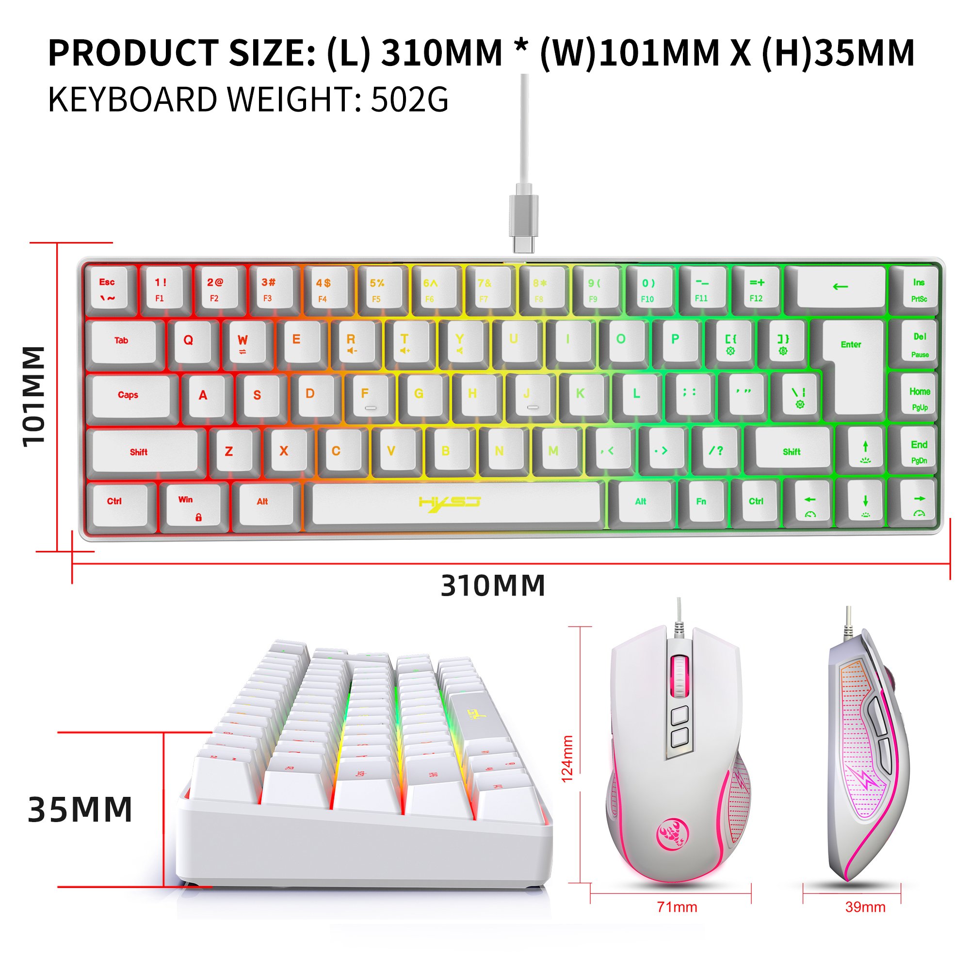 Best sale HXSJ mini V200 68 keys membrane keyboard RGB luminous mechanical feel gaming mouse and keyboard combo for pc game