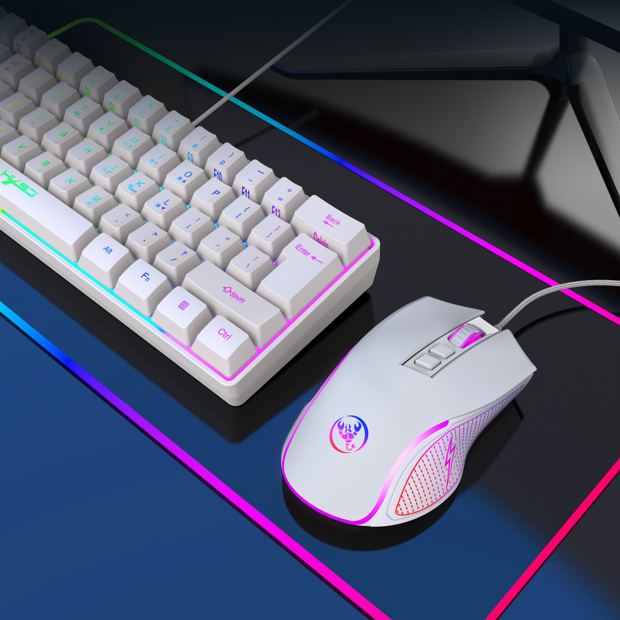 Best sale HXSJ mini V200 68 keys membrane keyboard RGB luminous mechanical feel gaming mouse and keyboard combo for pc game