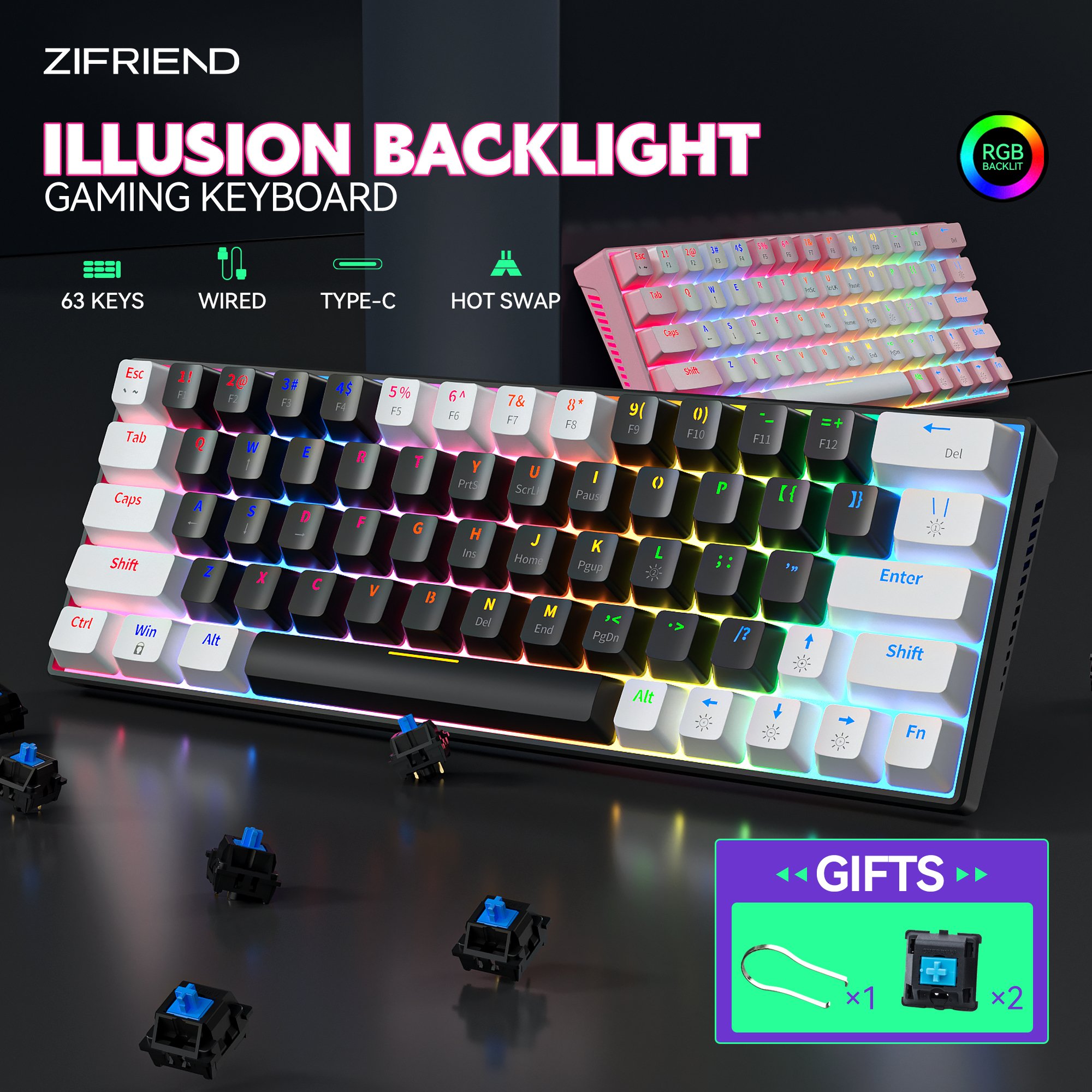 Custom 63 Keys keyboard switches Hot Swappable RGB Backlit Wired Gamer Mechanical Keyboard for tablet PC gaming laptop teclado
