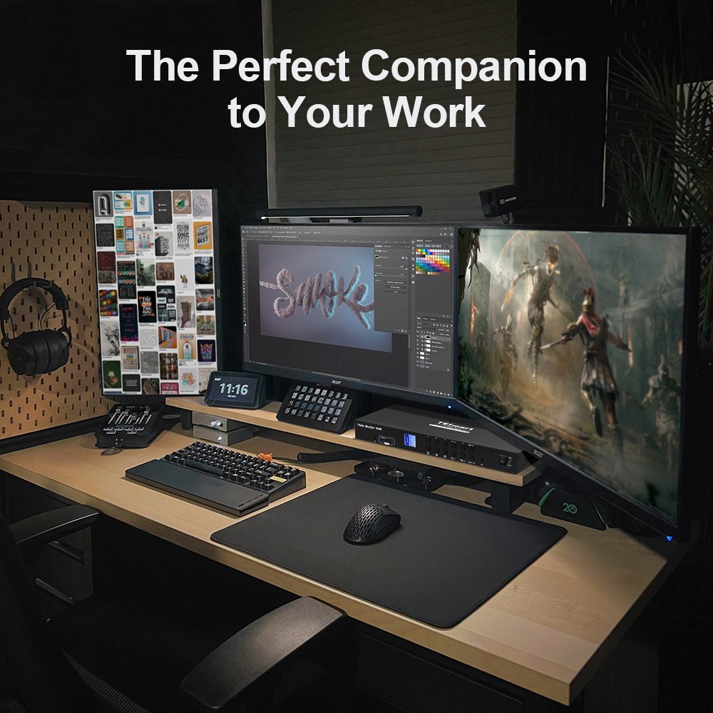 TESmart 4 Port Triple Monitor KVM Switch HDMI 4K60Hz with USB 3.0 Hub Headset Audio&Microphone LAN Port KVM Switches