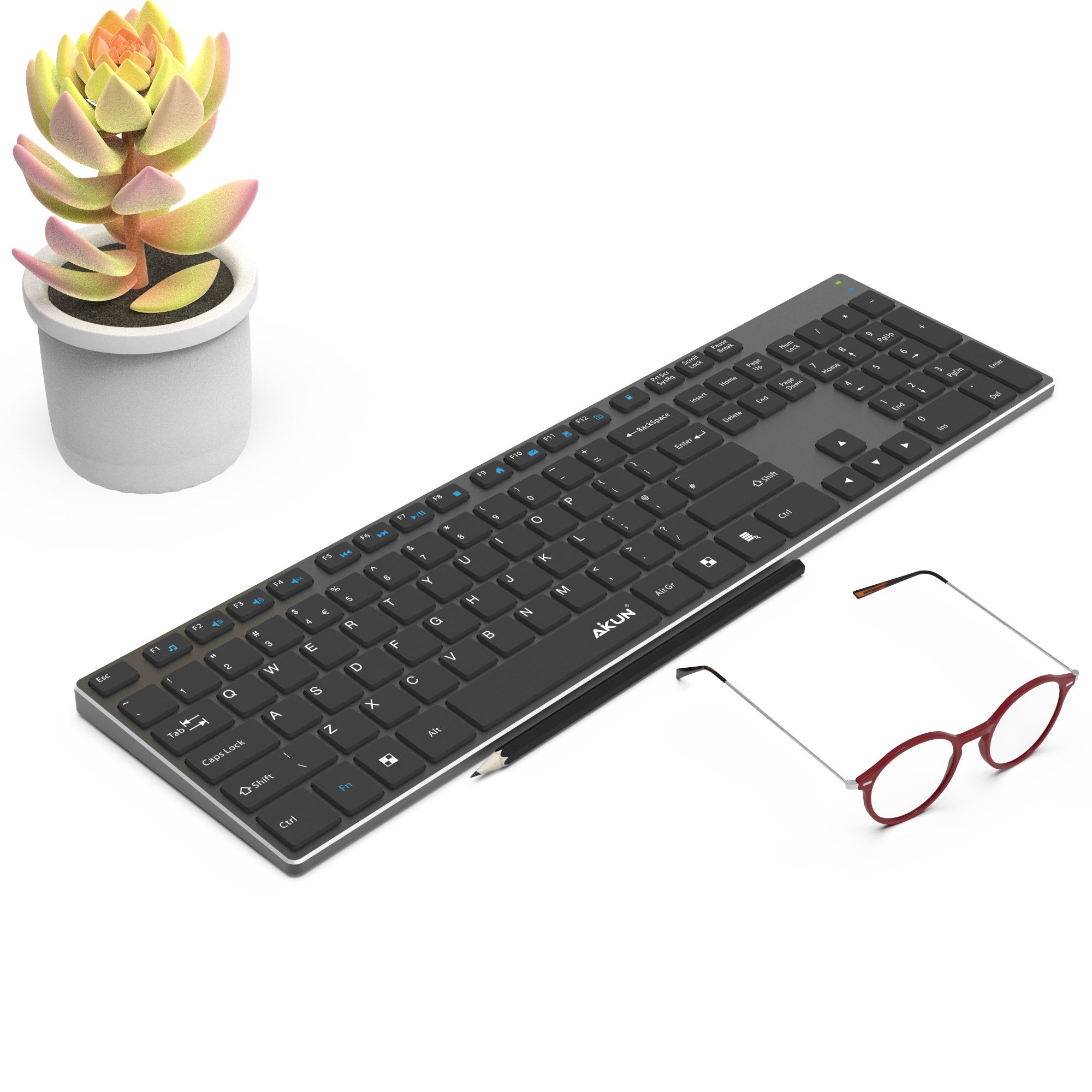 AIKUN Rechargeable Wireless aluminium keyboard 106 Quiet Keys,13 Shortcuts, Numeric Keypad,Auto Power Saving,Scissor Switch