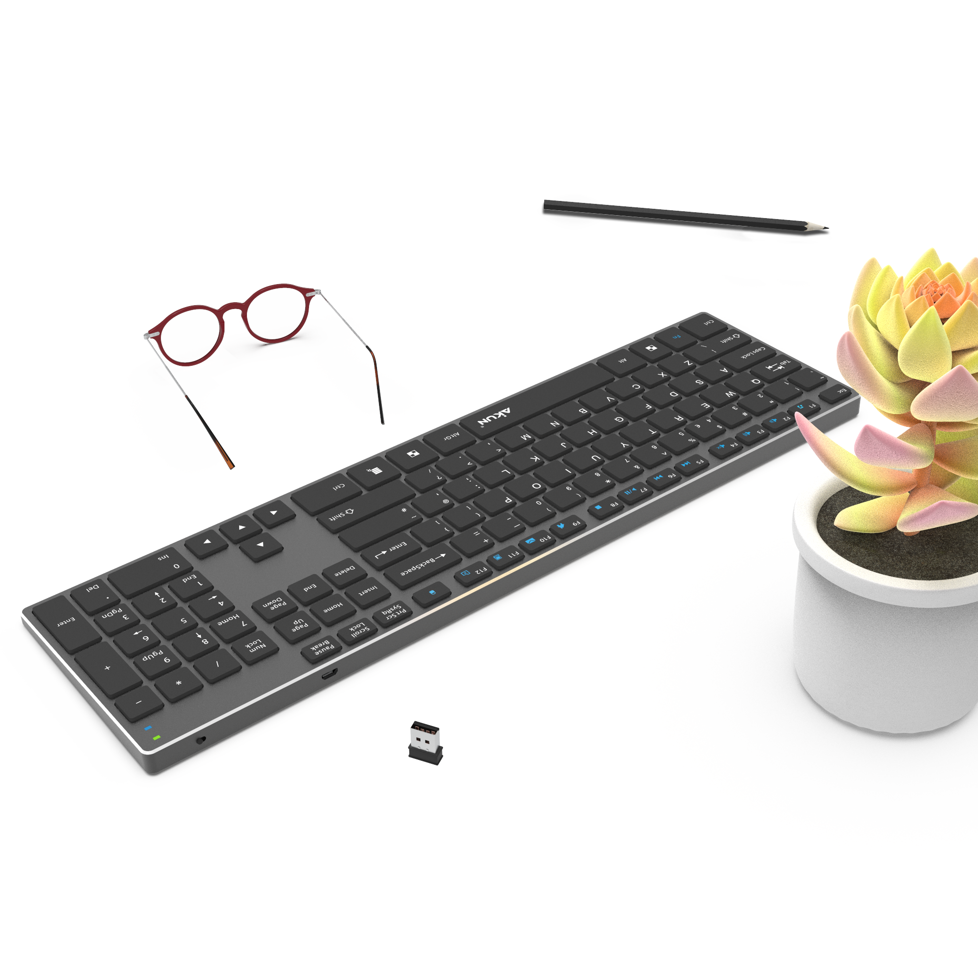 AIKUN Rechargeable Wireless aluminium keyboard 106 Quiet Keys,13 Shortcuts, Numeric Keypad,Auto Power Saving,Scissor Switch