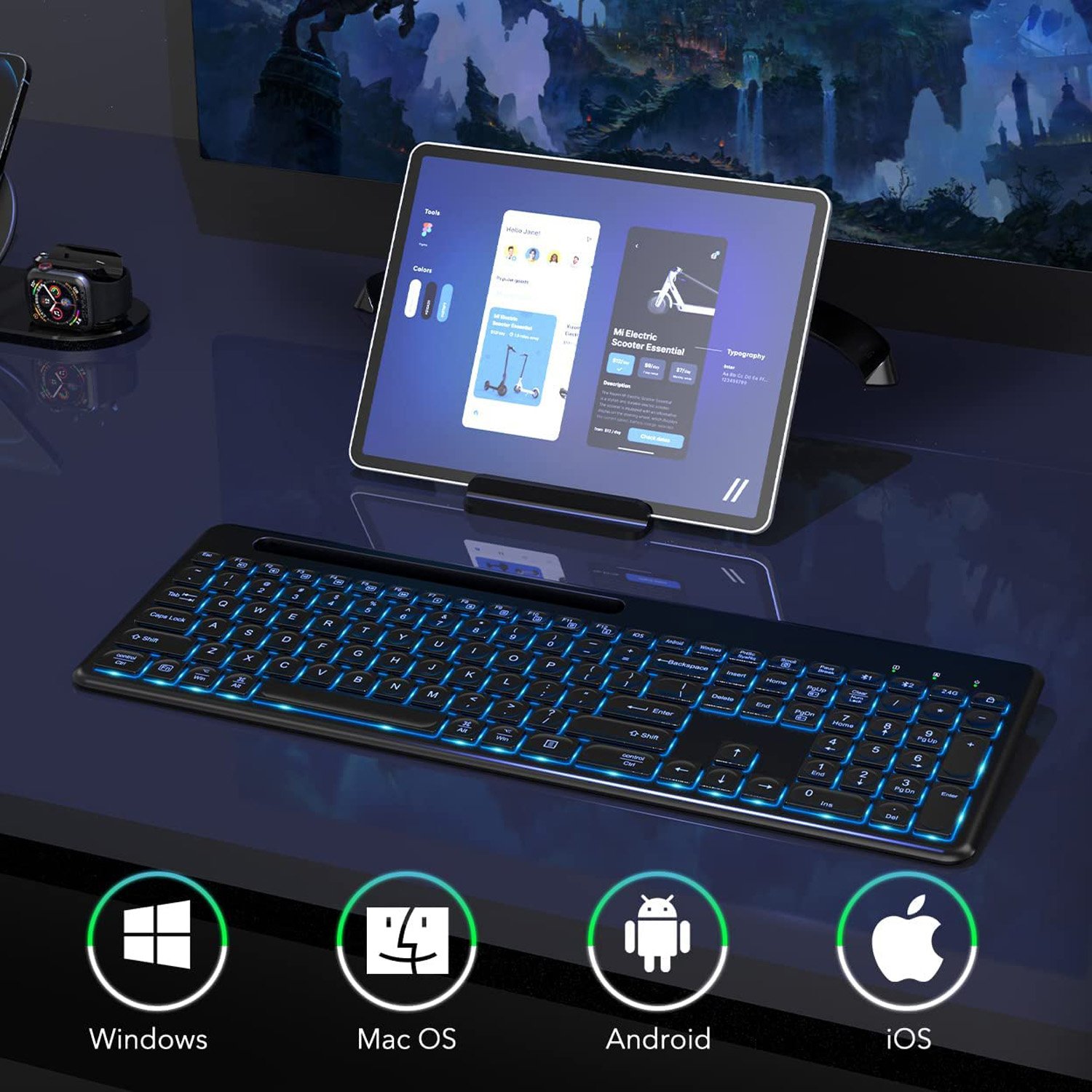 New Model 104 Keys Scissors Switches Backlit Type C Rechargeable Wireless Bluetooths Tablet Keyboard Rgb
