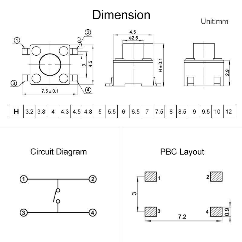 Miniature 4pin 4.5x4.5 SMD Micro Dip Tactile Tact Push Button The ON OFF Switch SMT Panel PCB Momentary 4mm 8mm 10mm 12mm Height