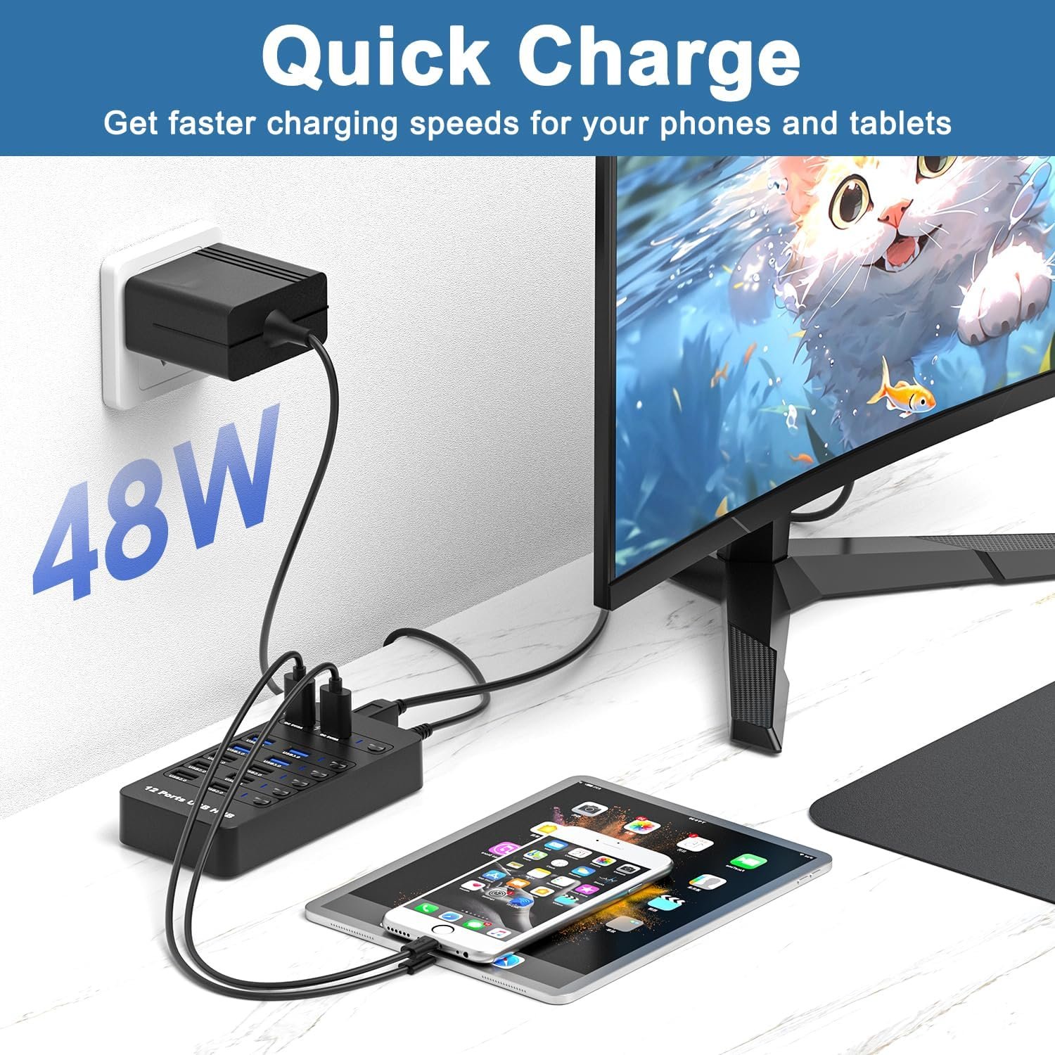 Powered USB Hub12 Ports USB Data Hubs Splitter with 4 USB 3.0 Port, 2 Charging Port, 6 USB 2.0 Multi Charging Port Dock