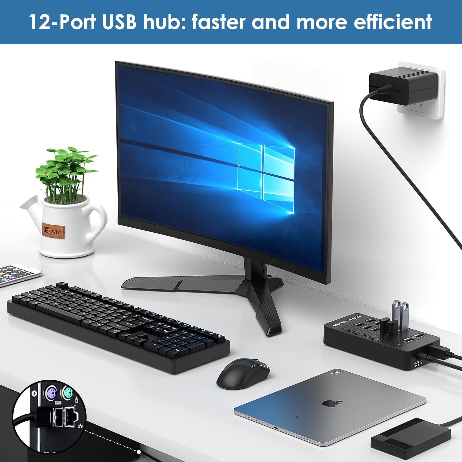 Powered USB Hub12 Ports USB Data Hubs Splitter with 4 USB 3.0 Port, 2 Charging Port, 6 USB 2.0 Multi Charging Port Dock