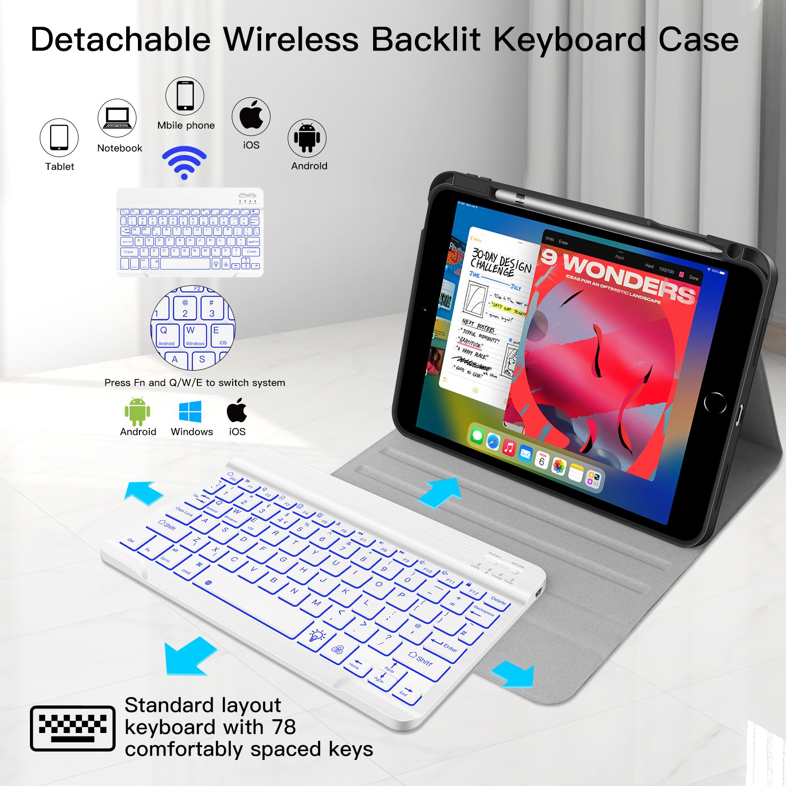 Tablet Keyboard Cover 7-rgb Backlit Bt5.1 Pu Leather Mobile Keyboard Case With Pencil Holder For Ipad Air 10.9 Inch