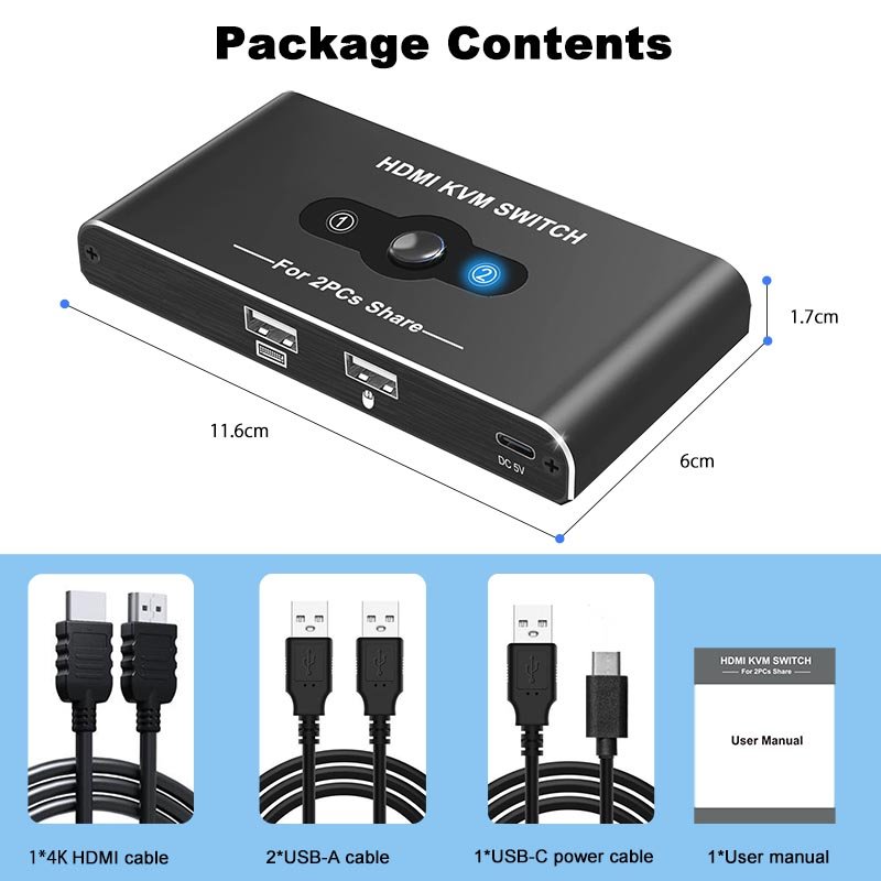 KVM Switcher for Two PCs and One Monitor 1 USB 1 HDMI 4k60Hz for Each PC 2 Public USB Ports for Mouse Keyboard KVM Switcher