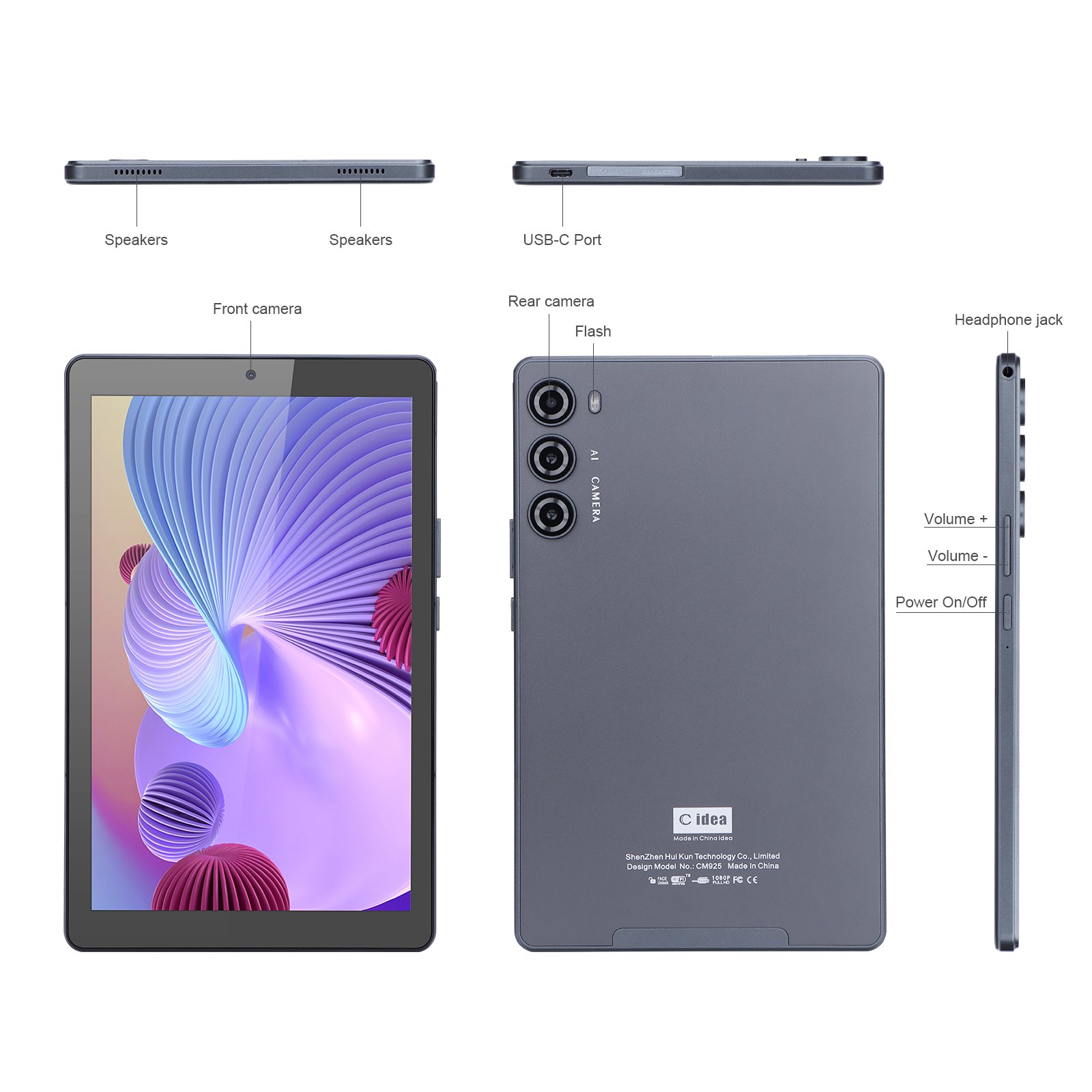 ODM Factory in China IPS Screen 9 inch 8000mAh Battery 8GB RAM 512GB ROM WiFi Tablet for Adults Dual Camera Android 12 Gray