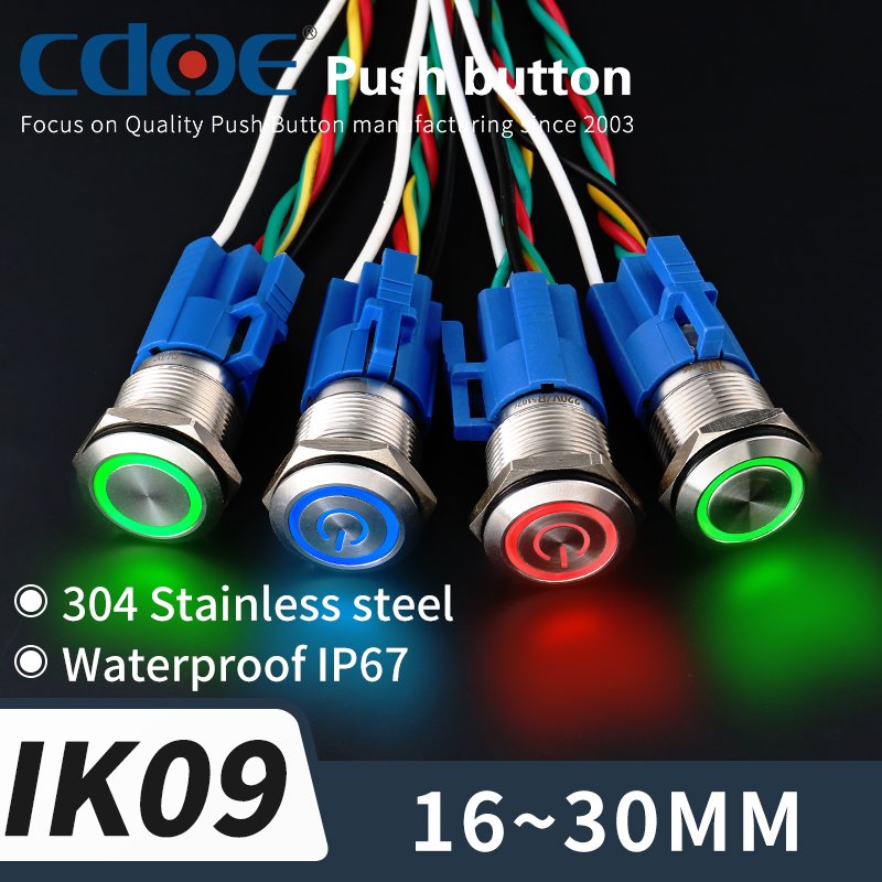 CDOE waterproof ip67 metal 19mm ring illuminated momentary latching ip67 led pushbutton switch 12v with red green blue