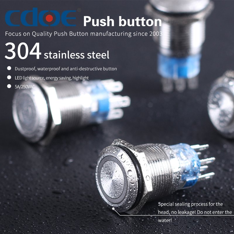 CDOE waterproof ip67 metal 19mm ring illuminated momentary latching ip67 led pushbutton switch 12v with red green blue