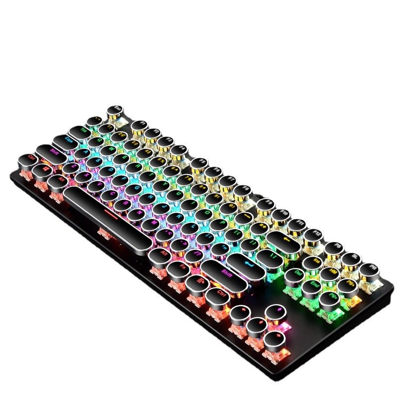 Punk Round Retro Keycap Backlit USB Wired English for PC Laptop Gaming Mechanical Keyboard