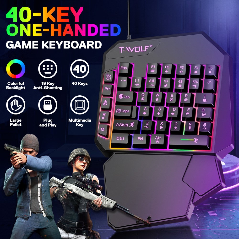 Shuoyin TWOLF T19 One Hand Mini Wired Laptop Computer Gaming Clavier Teclado Keyboard with Led Backlit Gaming for PC Gamer TWOLF