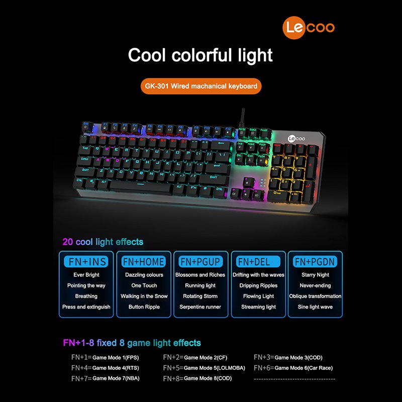 Lecoo wholesale blue switch rgb keyboard mechanical game keyboard laptop desktop wired keyboard
