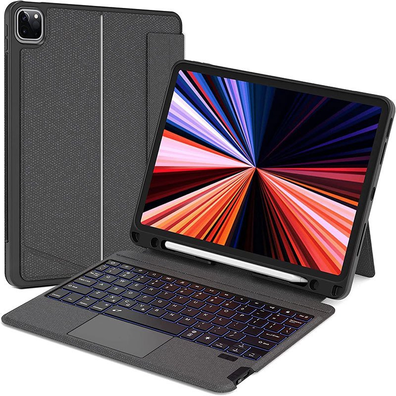 Fine quality 7-RGB backlit bt5.1 PU touchpad leather mobile keyboard case with pencil holder for ipad air 10.5 inch