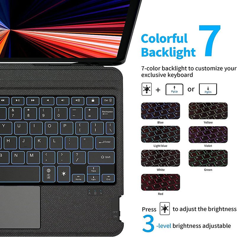 Fine quality 7-RGB backlit bt5.1 PU touchpad leather mobile keyboard case with pencil holder for ipad air 10.5 inch