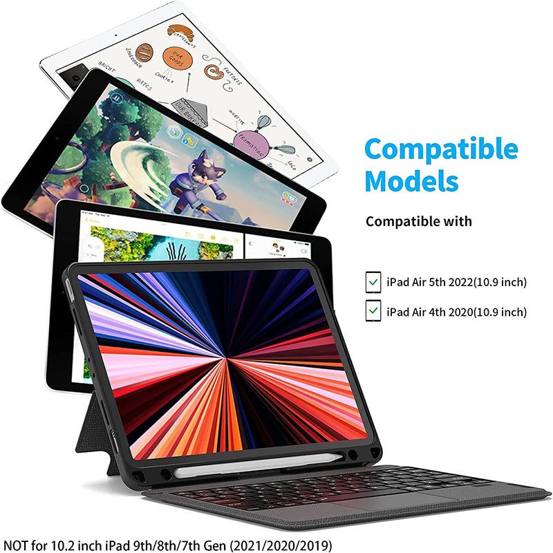 Fine quality 7-RGB backlit bt5.1 PU touchpad leather mobile keyboard case with pencil holder for ipad air 10.5 inch