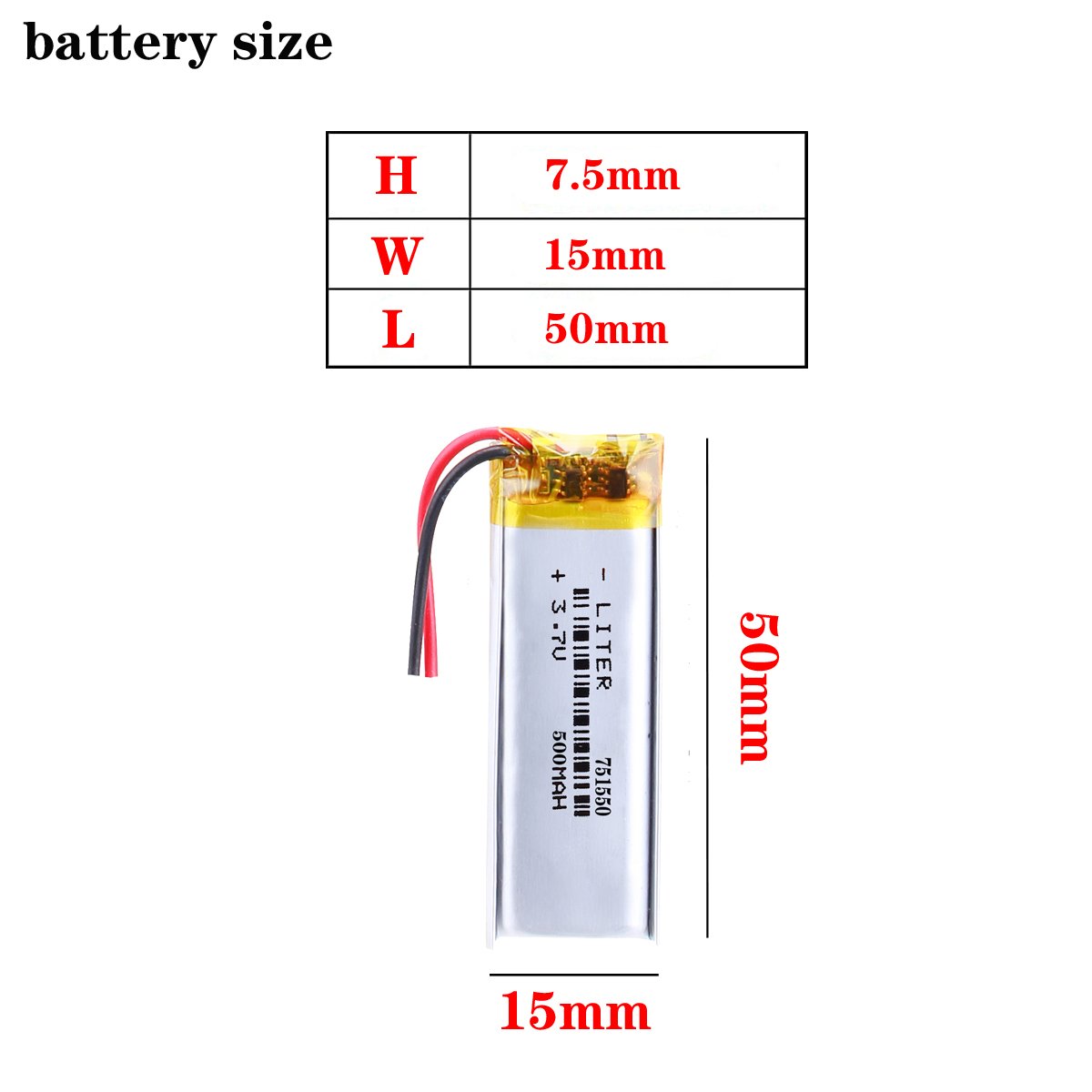 500mah Lipo Battery 751550 3.7v Recharge lithium polymer battery For Digital Devices