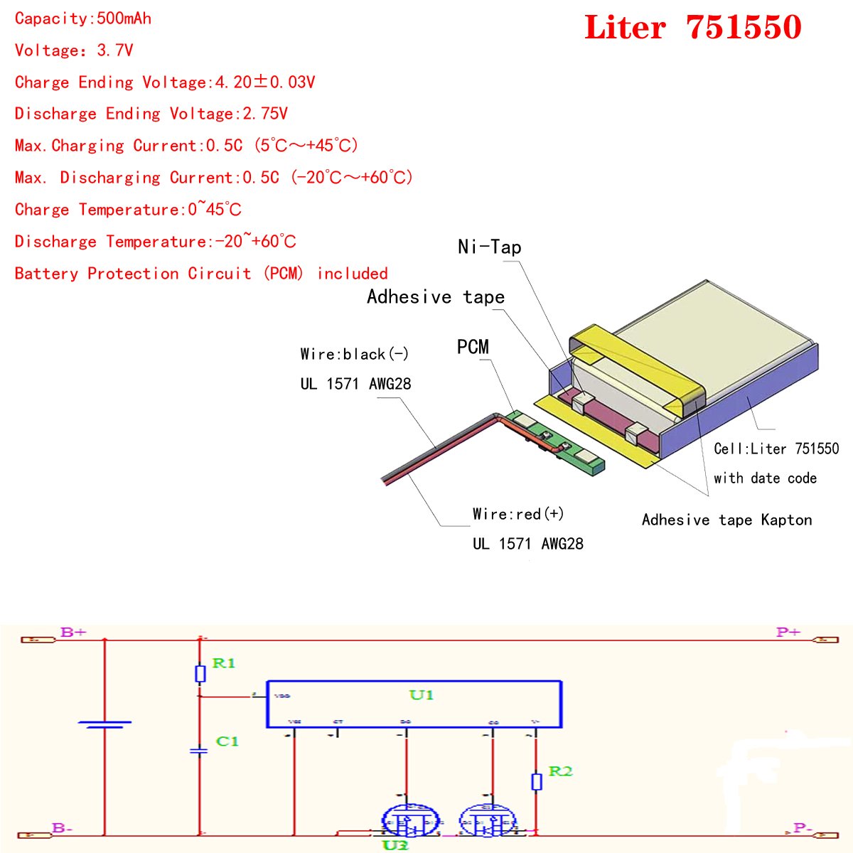 500mah Lipo Battery 751550 3.7v Recharge lithium polymer battery For Digital Devices