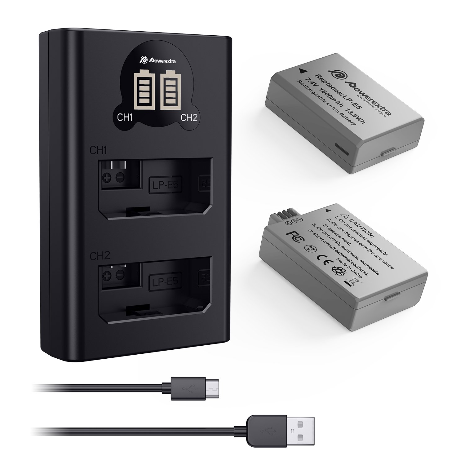 Powerextra LPE5 2 Pack LP-E5 1800mAh 7.4v Rechargeable Digital Camera Lithium Battery Dual Usb Charger For Canon EOS Rebel XS