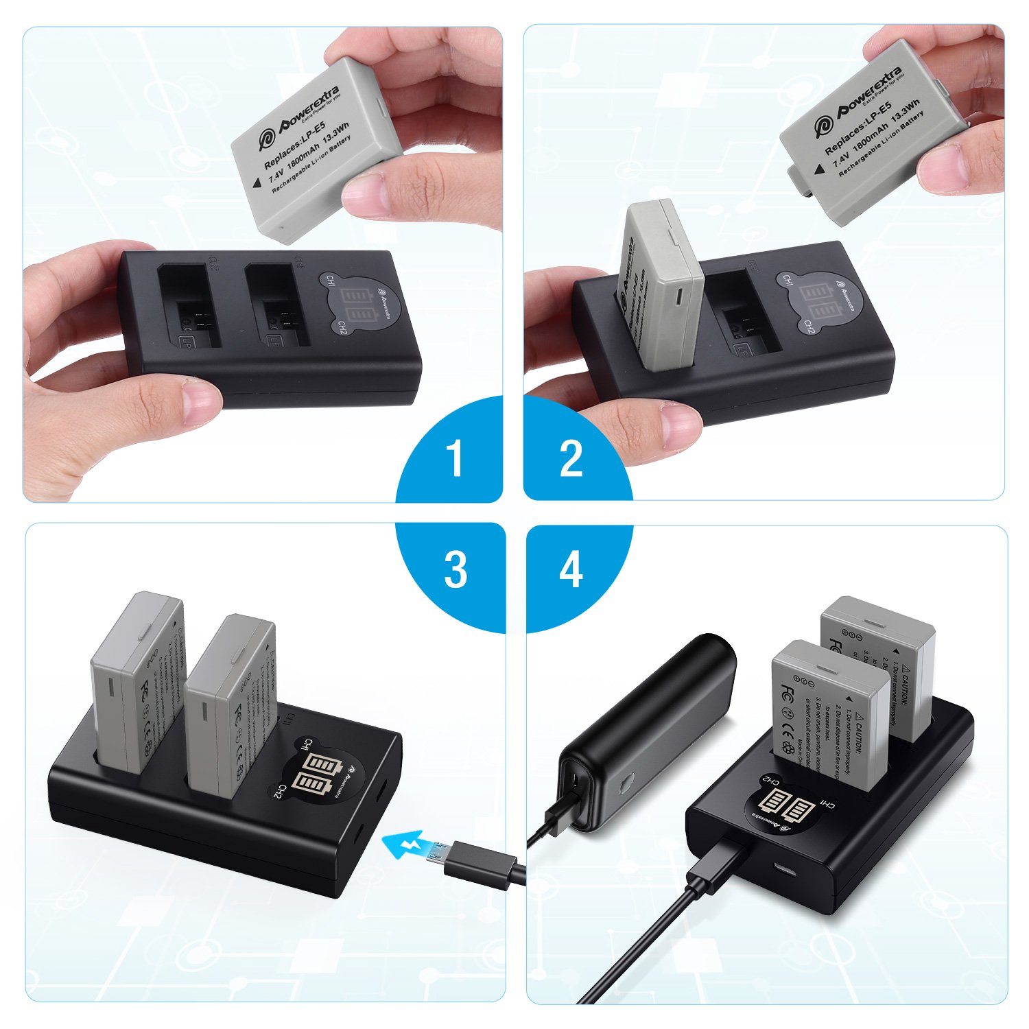 Powerextra LPE5 2 Pack LP-E5 1800mAh 7.4v Rechargeable Digital Camera Lithium Battery Dual Usb Charger For Canon EOS Rebel XS
