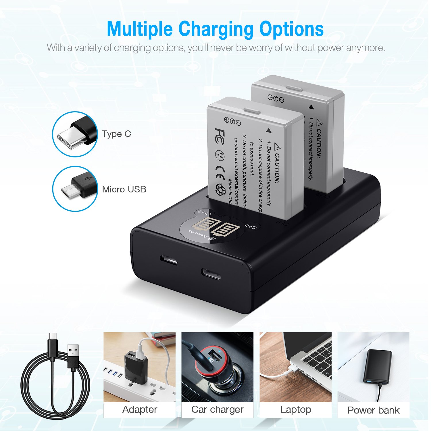Powerextra LPE5 2 Pack LP-E5 1800mAh 7.4v Rechargeable Digital Camera Lithium Battery Dual Usb Charger For Canon EOS Rebel XS