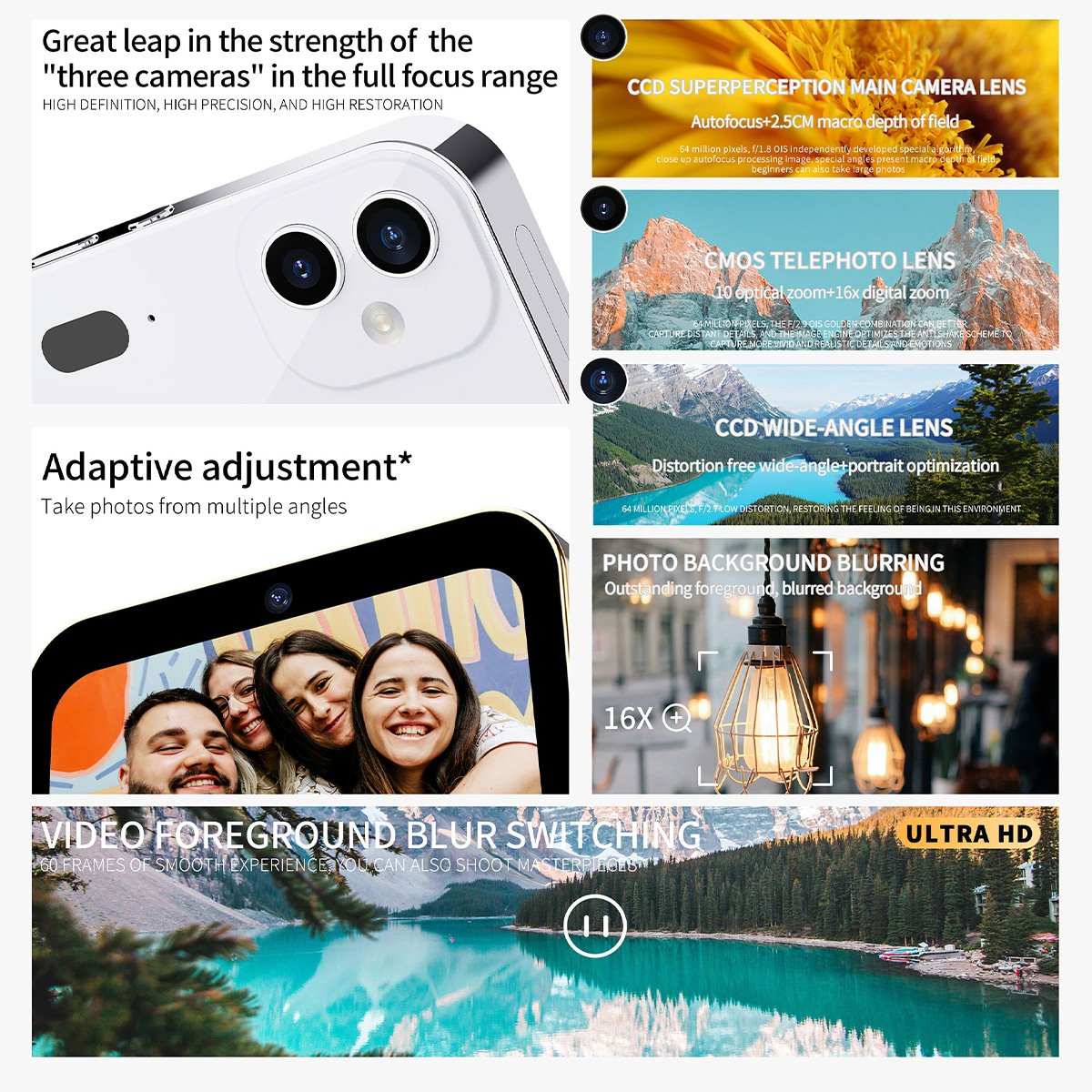 HD 4K/64MP Photo+Video Recording Movie Music CCD Flash Digital Camera 2 Lens 3.0 Touch Screen 16X Zoom Multiple Filters