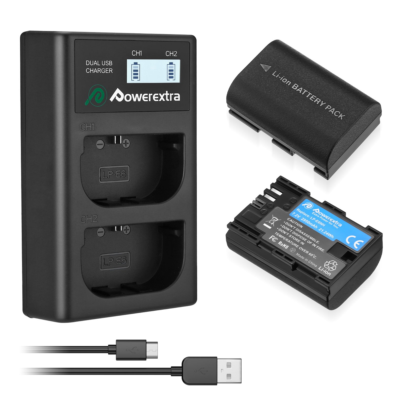 Powerextra High Capacity Rechargeable Li-ion 2950mAh 7.2V Batteries Camera LP-E6NH USB Dual Battery LED Charger For Canon