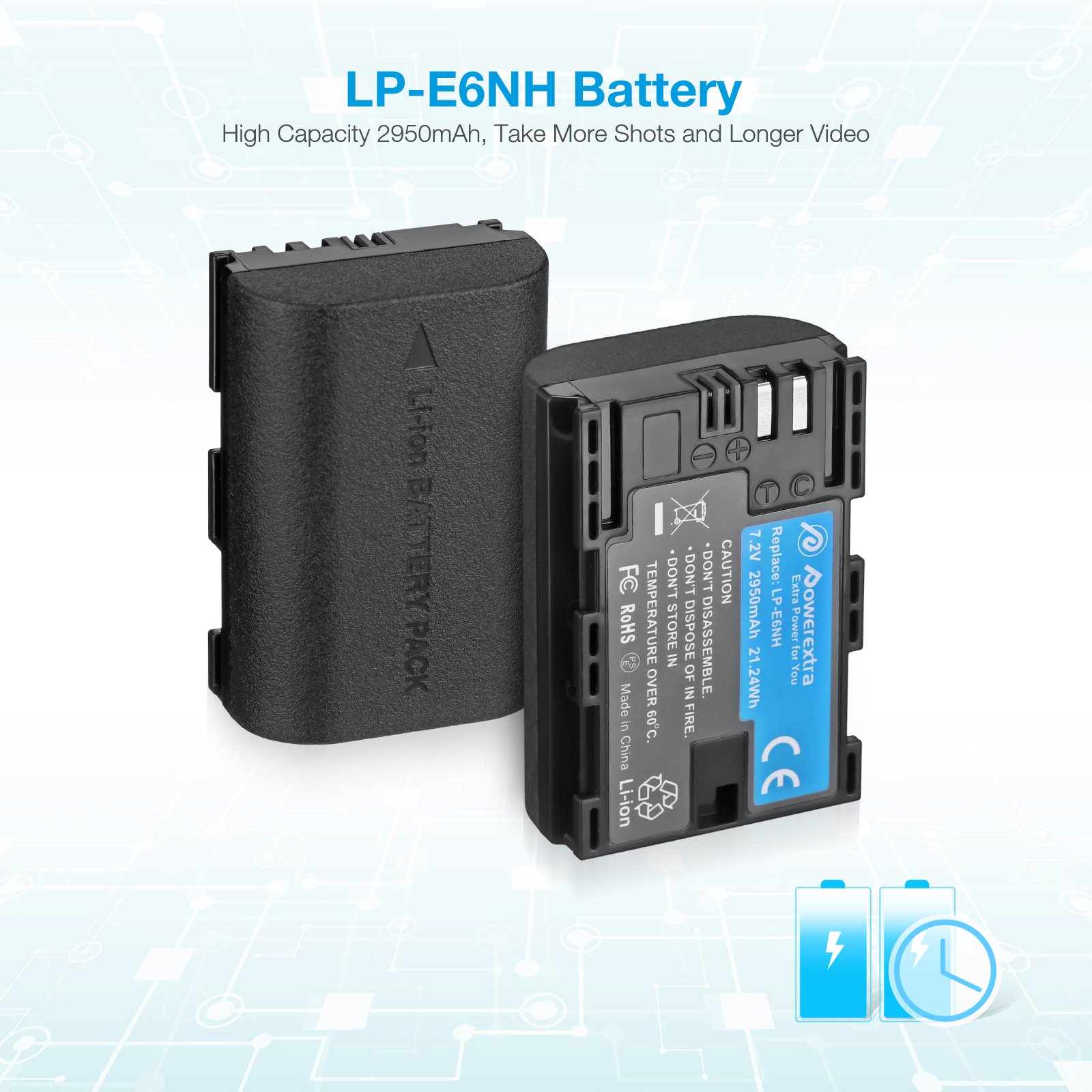 Powerextra High Capacity Rechargeable Li-ion 2950mAh 7.2V Batteries Camera LP-E6NH USB Dual Battery LED Charger For Canon
