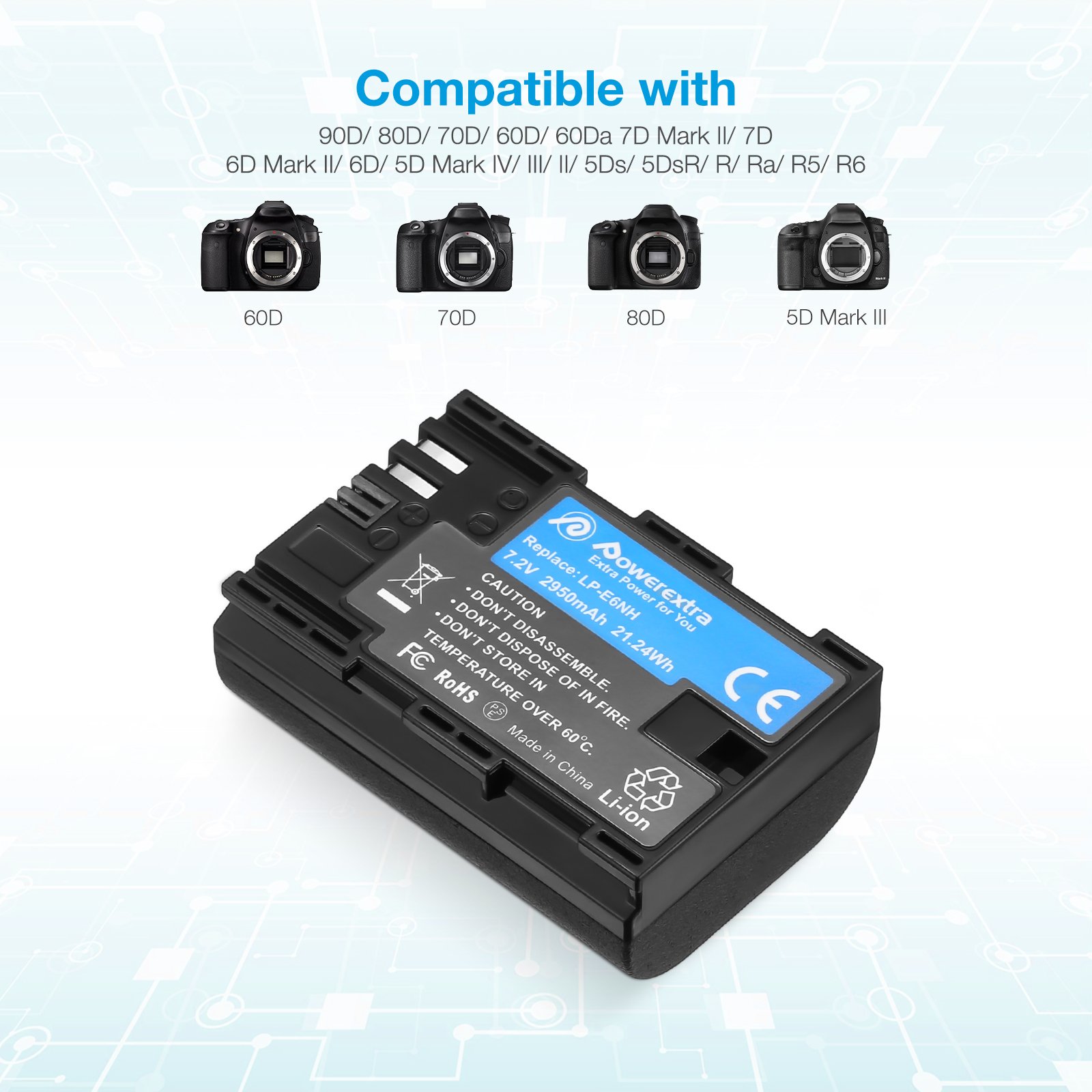 Powerextra High Capacity Rechargeable Li-ion 2950mAh 7.2V Batteries Camera LP-E6NH USB Dual Battery LED Charger For Canon
