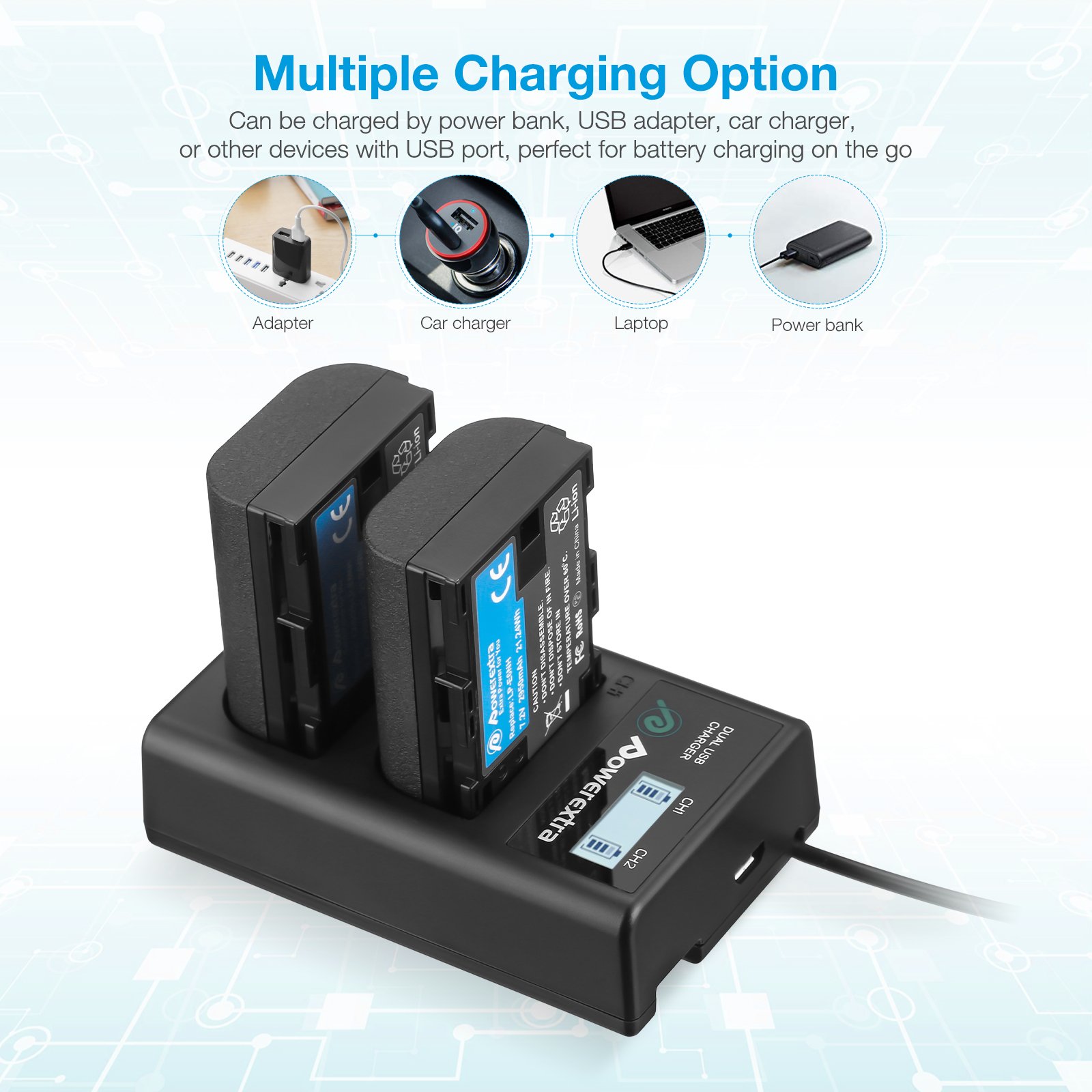 Powerextra High Capacity Rechargeable Li-ion 2950mAh 7.2V Batteries Camera LP-E6NH USB Dual Battery LED Charger For Canon