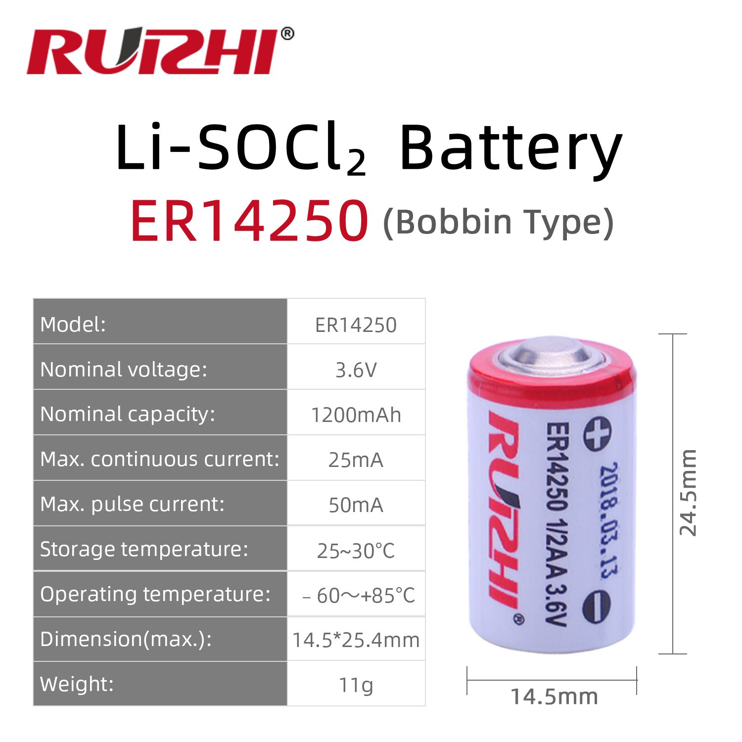 Ruizhi ER14250 battery replace Xeno 3.6V 1/2AA SB-AA02 Lithium Battery for VDO Digital Tachograph DTCO 13 PN LS14250-VDO